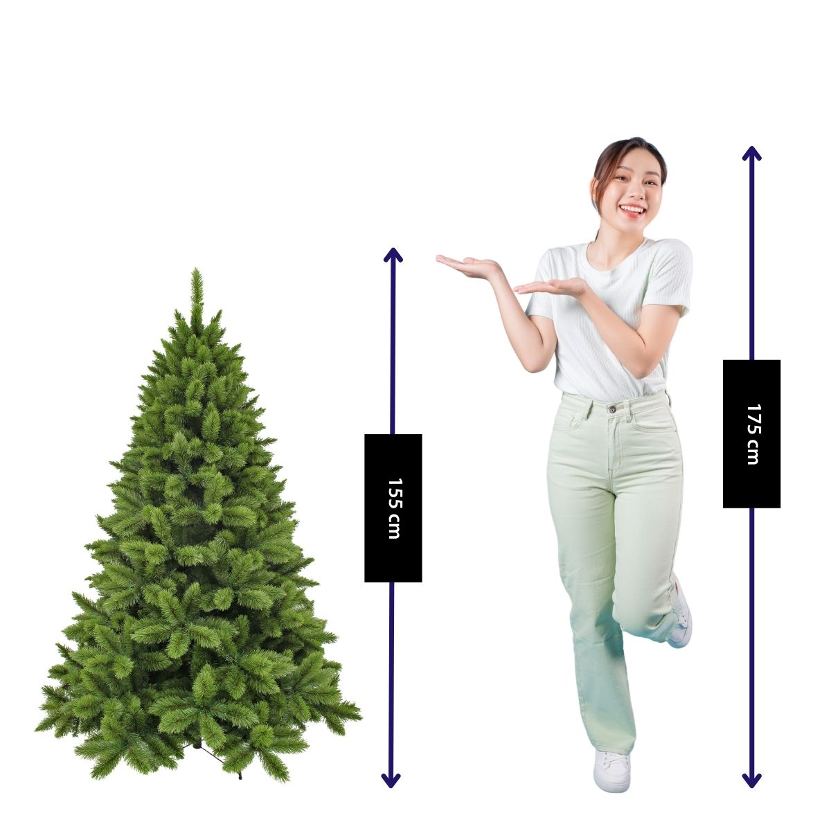 A woman next to a 155 cm artificial Christmas tree, with height markers indicating 155 cm and 175 cm.