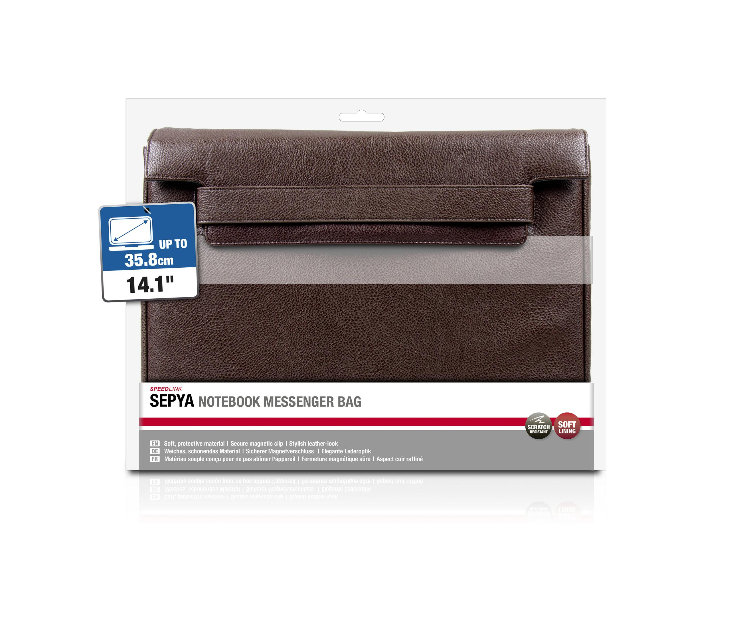 Braune Leder-Notebooktasche in Verpackung mit Produktinformationen für 14,1 Zoll.