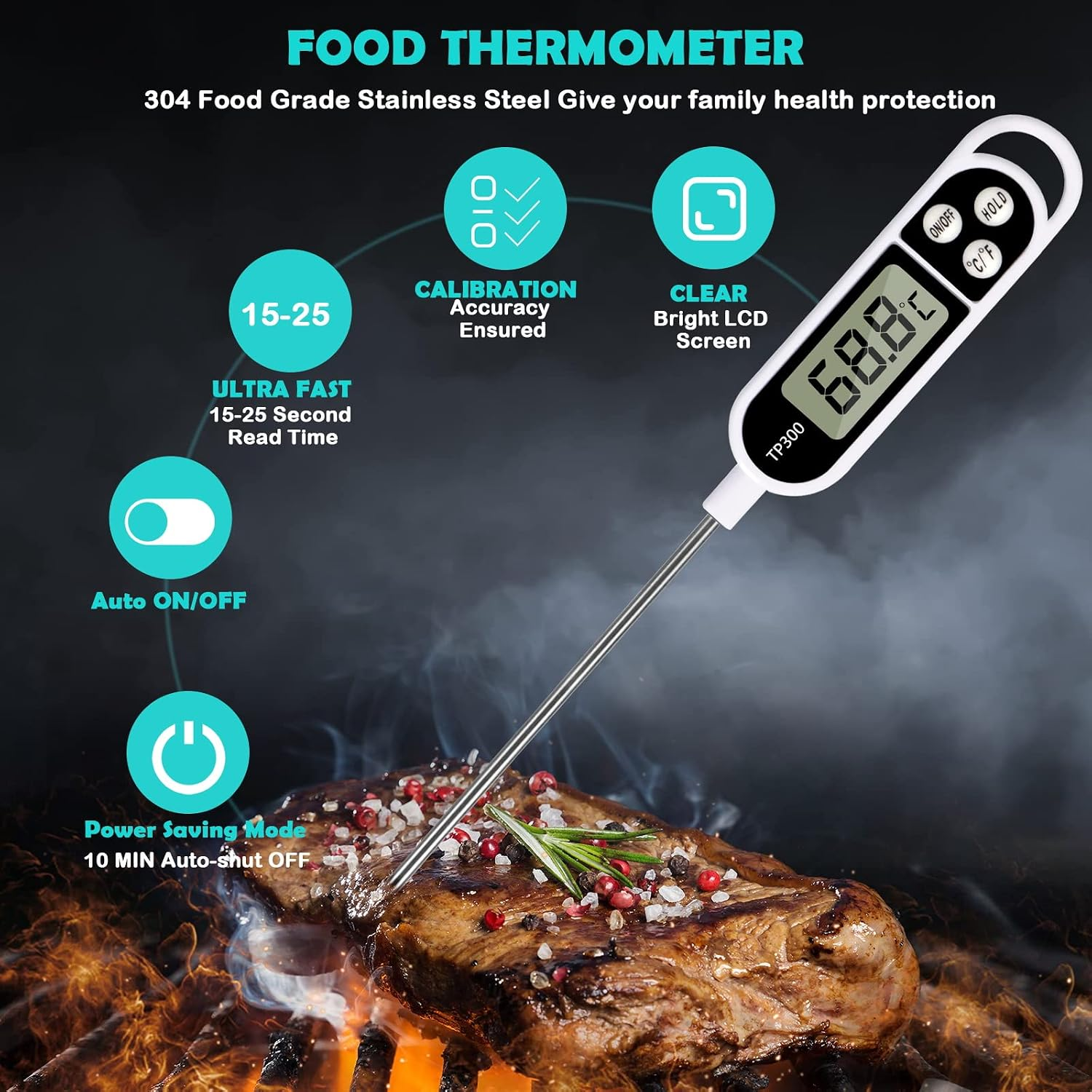 Ein digitales Lebensmittelthermometer misst die Temperatur eines Steaks auf dem Grill, mit Funktionen wie schneller Messung und automatischem Ausschalten.