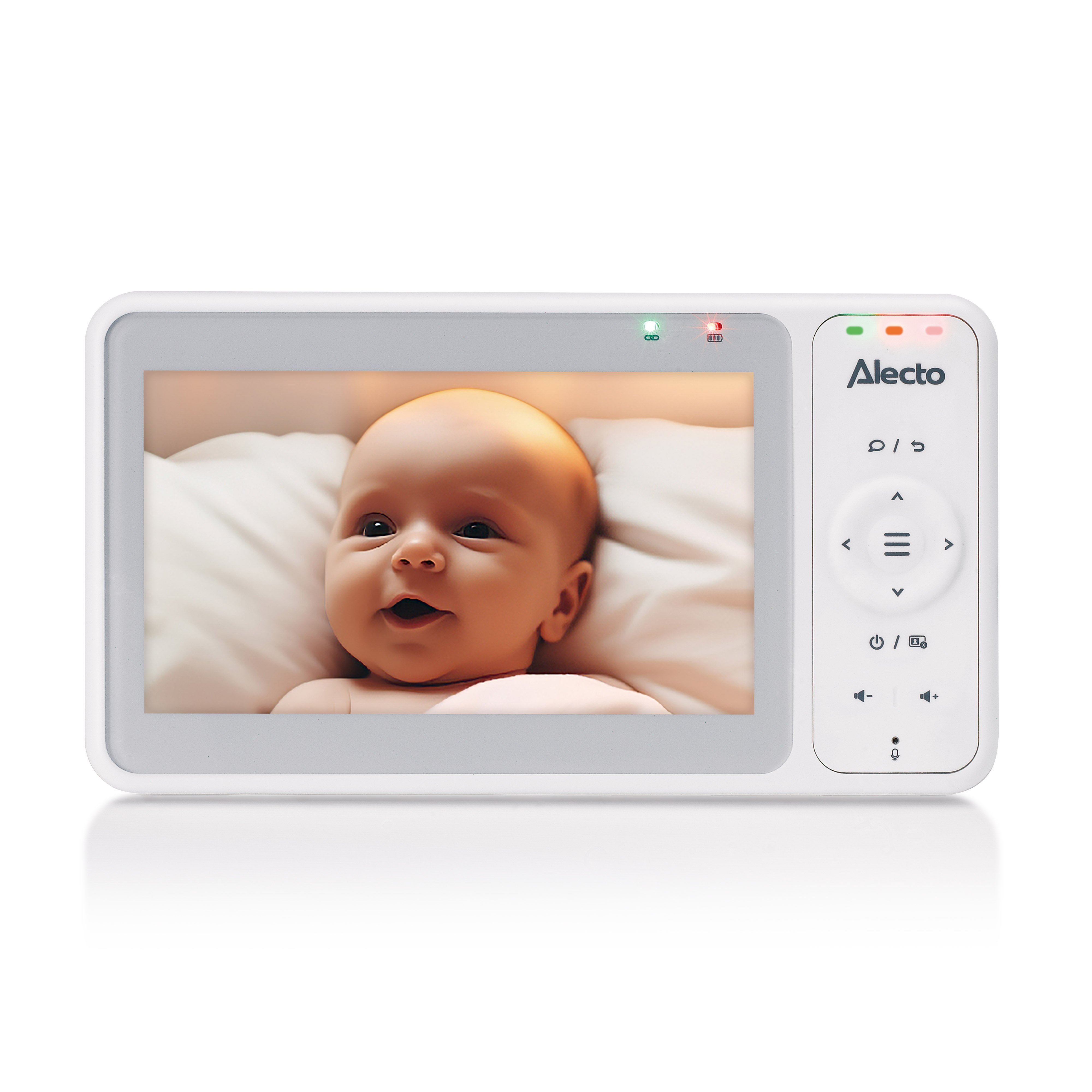 Weißes Babyphone, das ein lächelndes Baby auf dem Bildschirm zeigt.