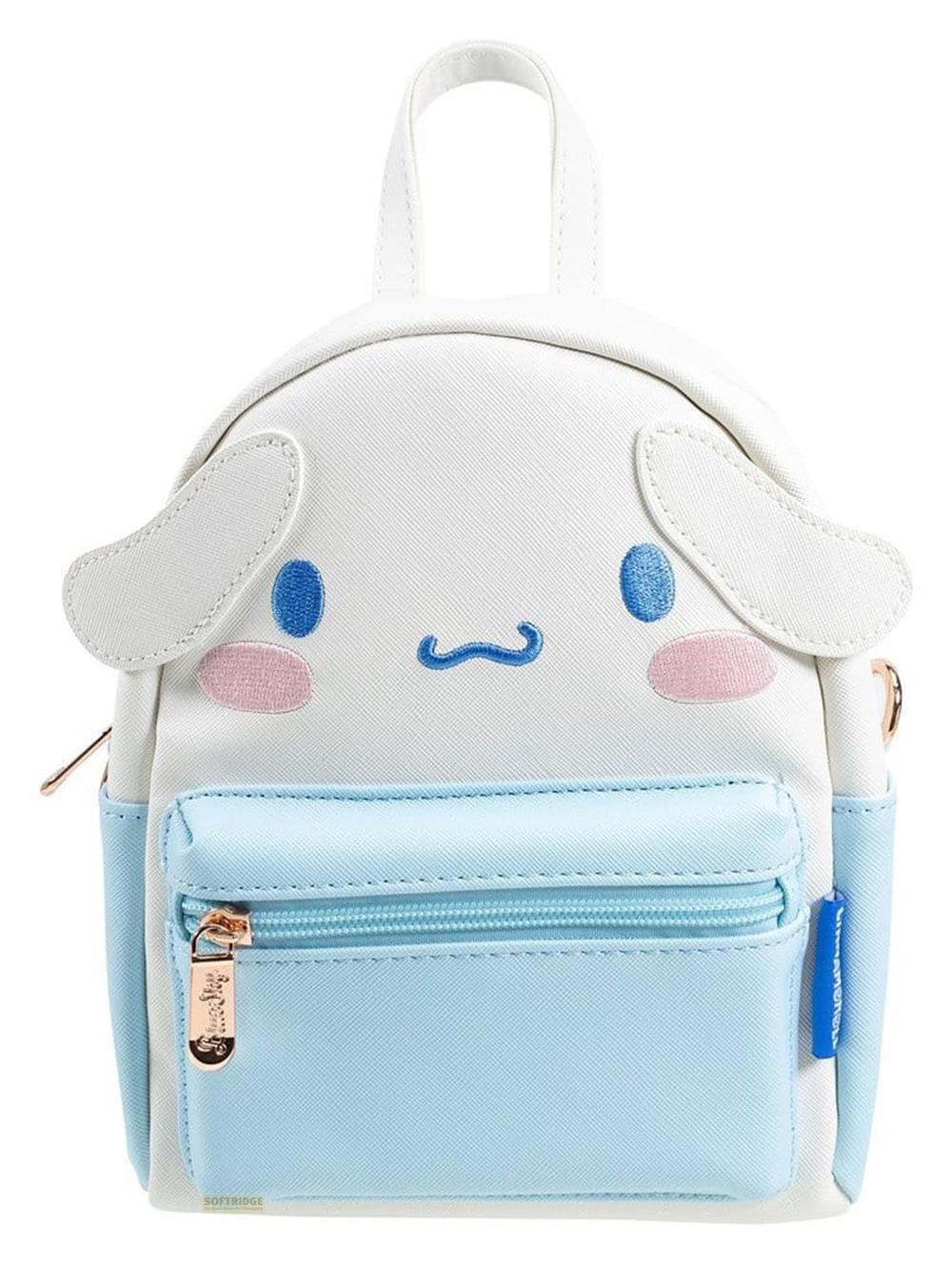 Kleiner weißer Rucksack mit blauen und pinken Details, die ein Hunde Gesicht zeigen, und einer blauen Fronttasche.