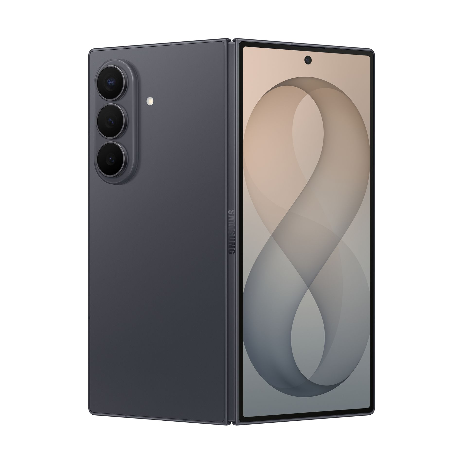 Uno smartphone pieghevole grigio scuro con tre fotocamere posteriori e una schermata iniziale illuminata.