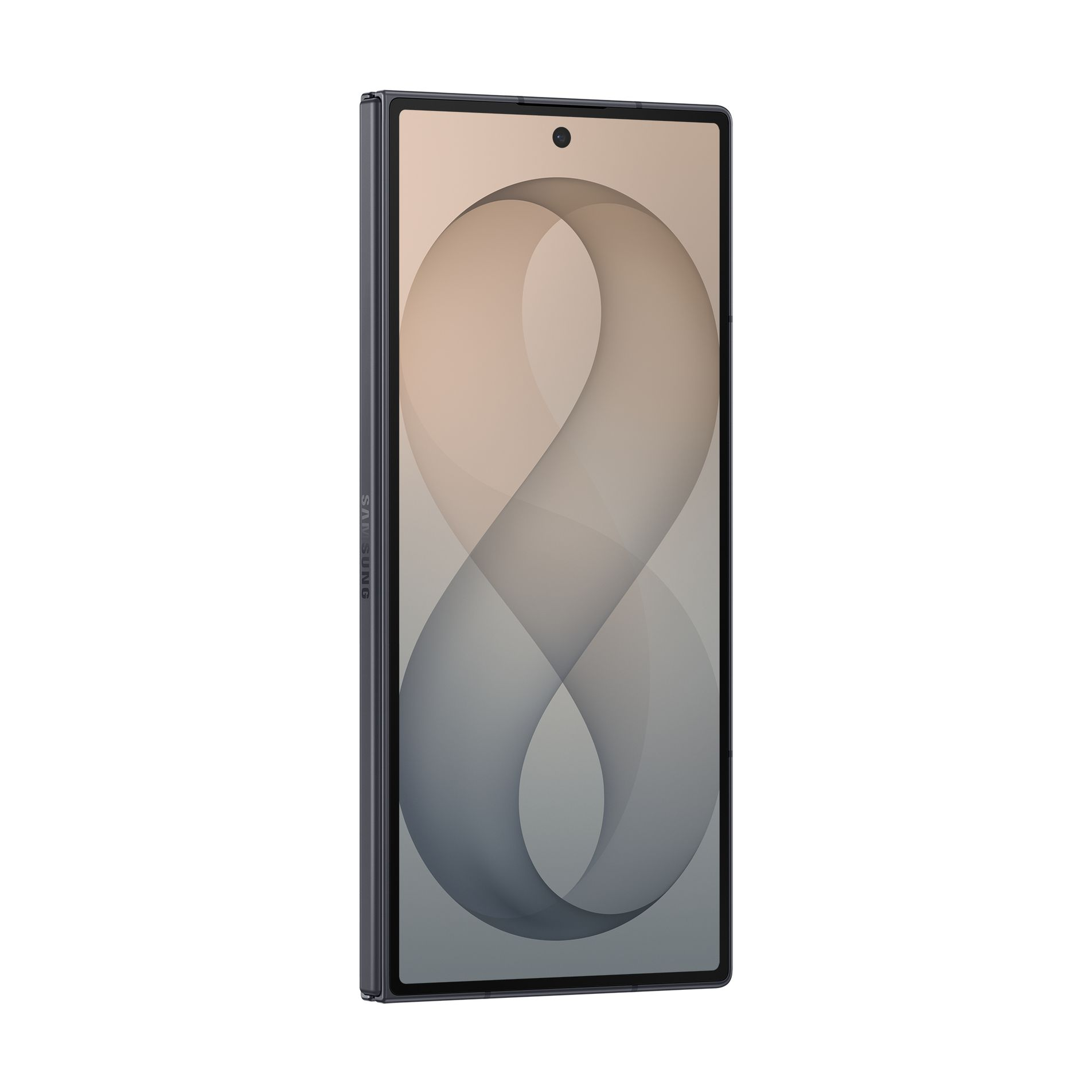 Uno smartphone scuro ed elegante mostra un motivo astratto di onde ondulate sullo schermo su sfondo bianco.