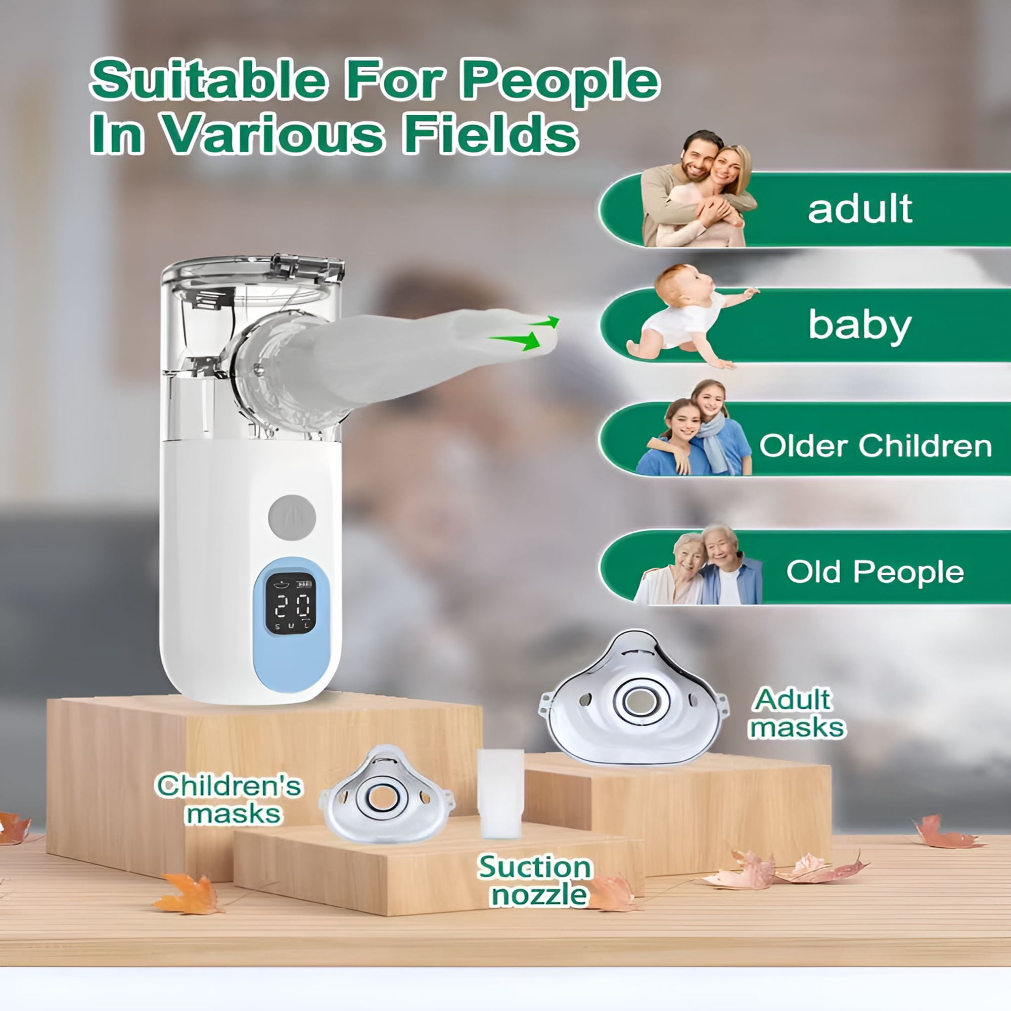 Ein weißer, tragbarer Netz-Inhalator mit Masken für Erwachsene und Kinder auf Holzständern.