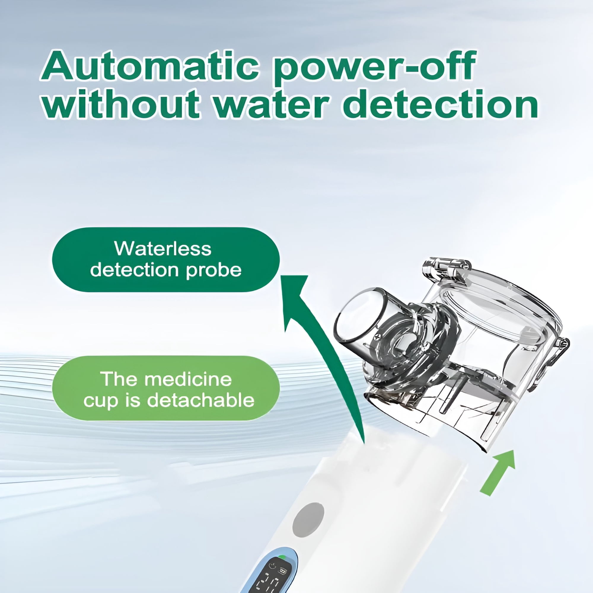 Diagramm zeigt einen Inhalator mit abnehmbarem Medikamentenbecher und Wassermangelsensor.
