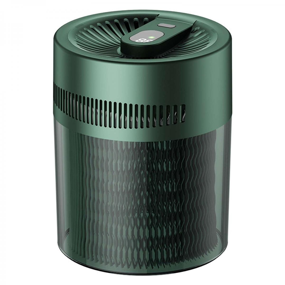 Ein zylindrischer grüner Luftreiniger mit einem sichtbaren Filter durch den klaren unteren Behälter und Touch-Bedienung.