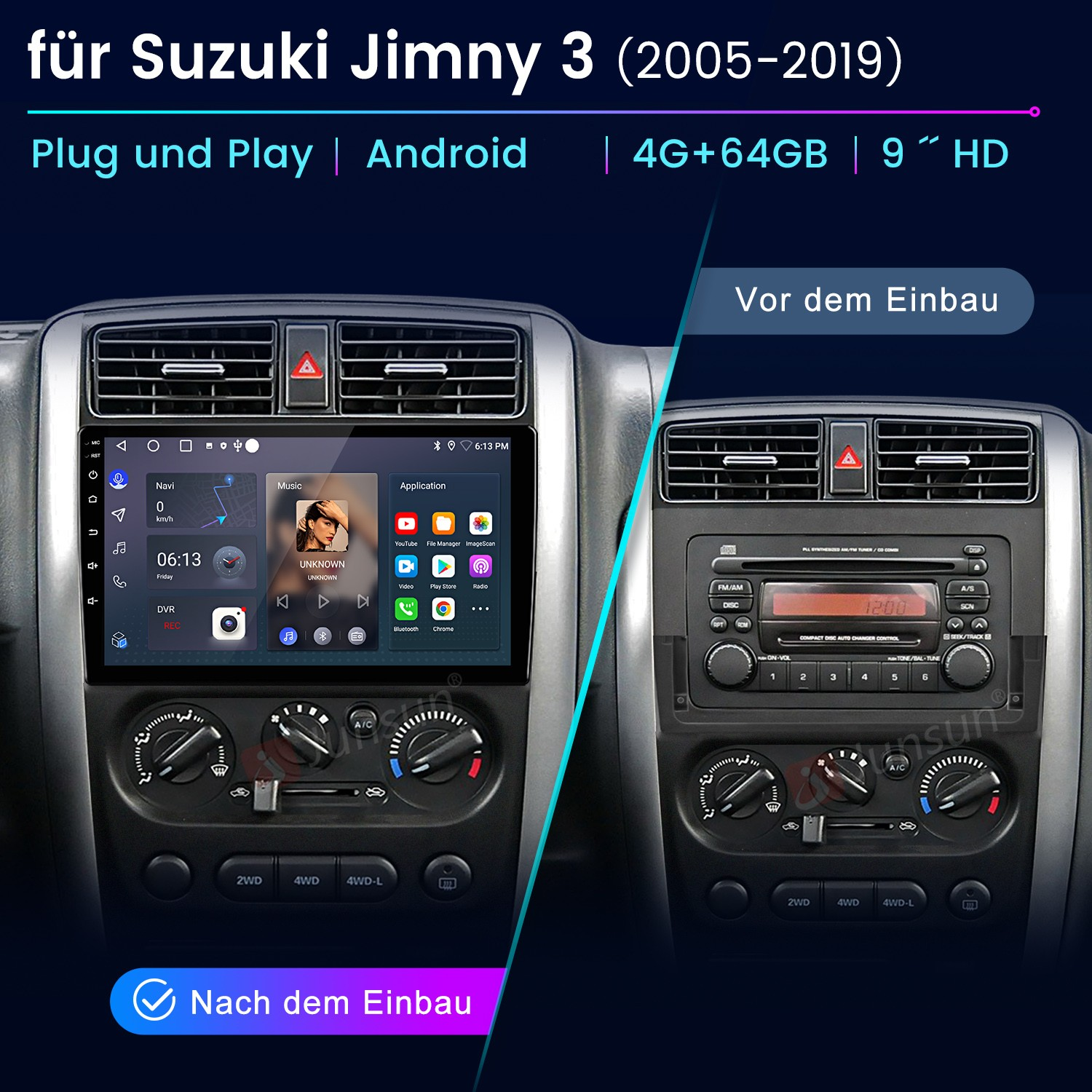Vergleich des Suzuki Jimny Armaturenbretts vor und nach dem Einbau eines Android Radios.