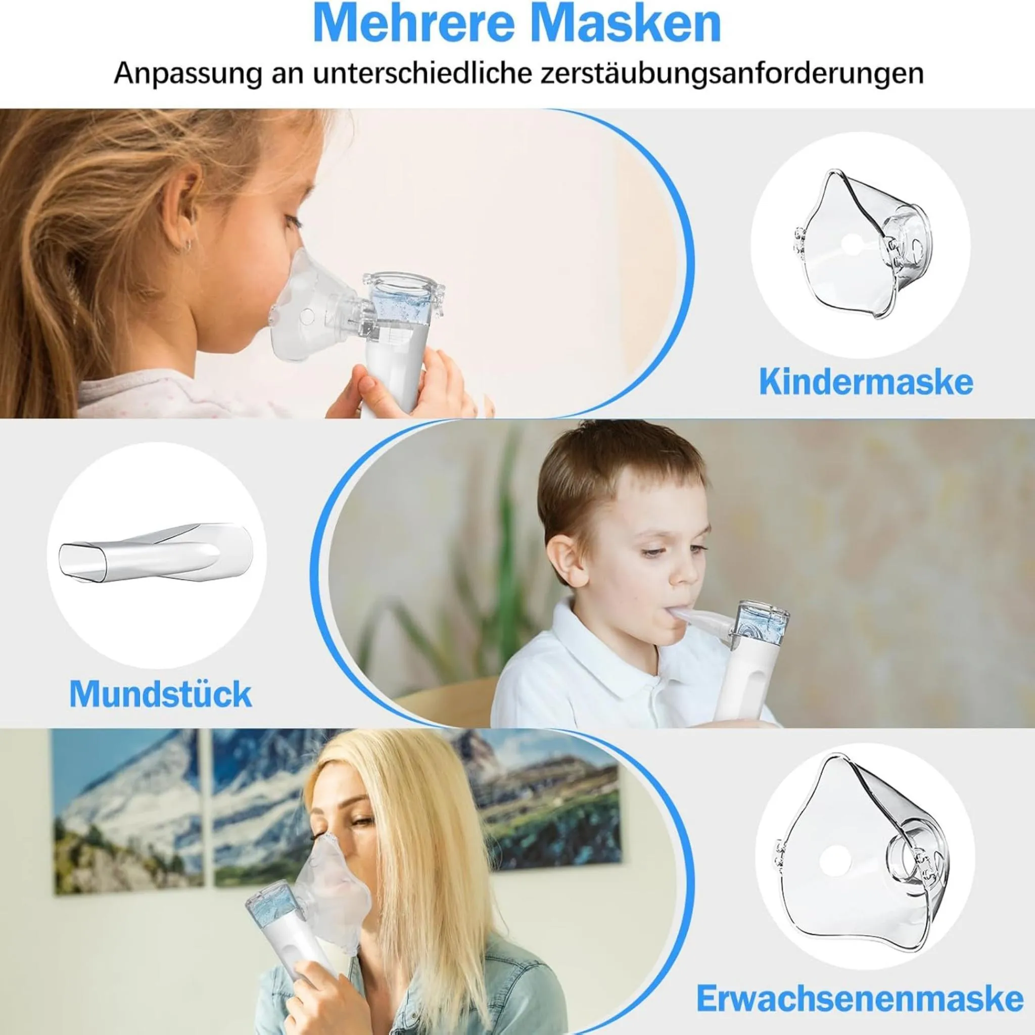 Verschiedene Masken und Mundstücke für Inhalatoren mit Erwachsenen und Kindern.