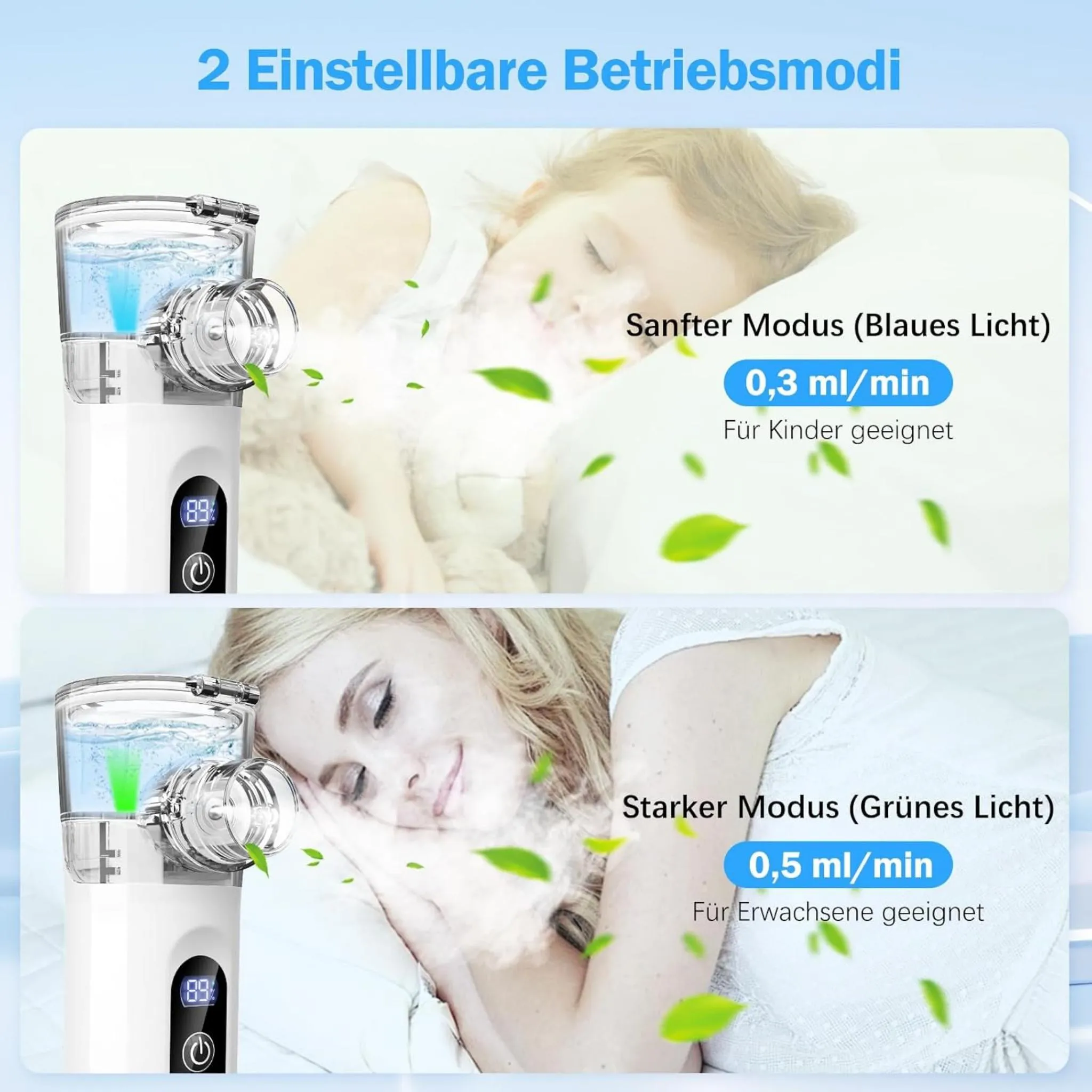 Vergleich zweier Inhalator-Modi: sanft mit blauem Licht für Kinder und stark mit grünem Licht für Erwachsene.