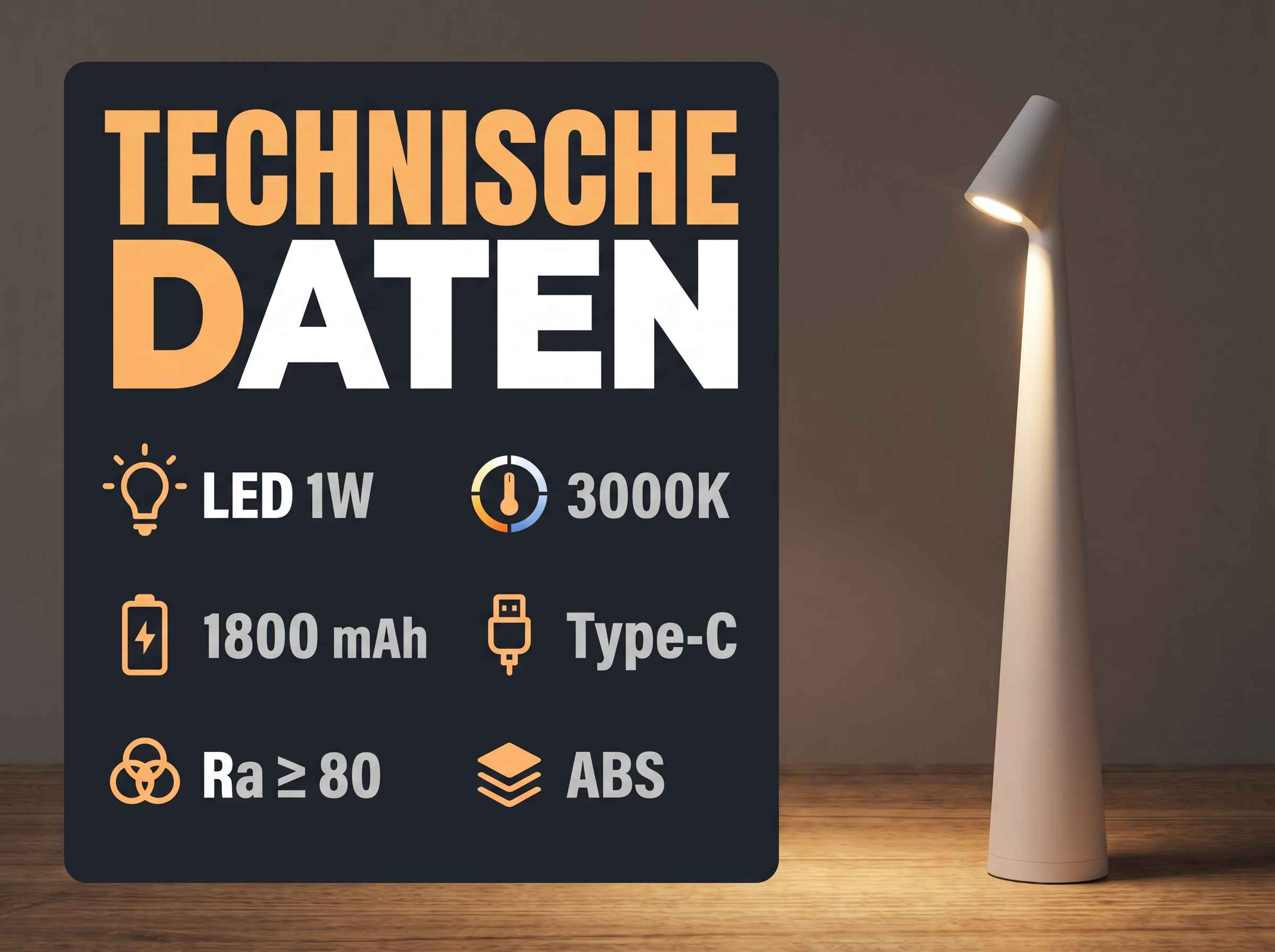 Technische Daten einer LED-Tischlampe auf einem Holztisch mit Icons und Texten.