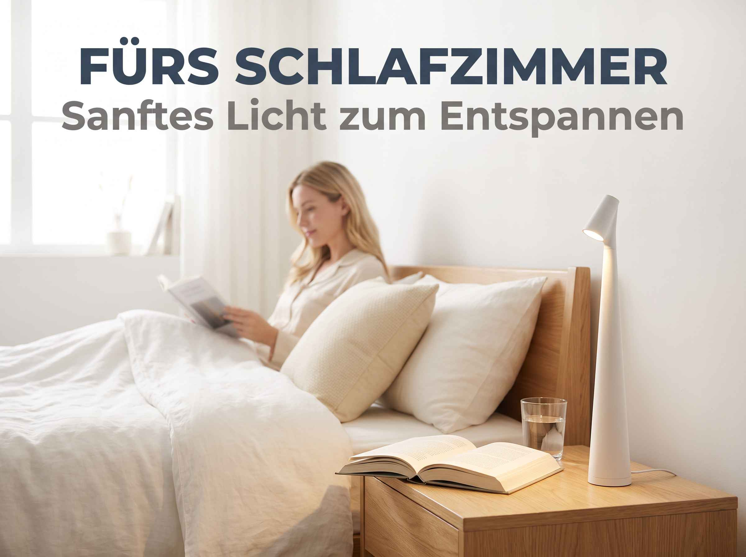 Eine Frau liest im Bett, neben einer modernen weißen Tischlampe auf dem Nachttisch.