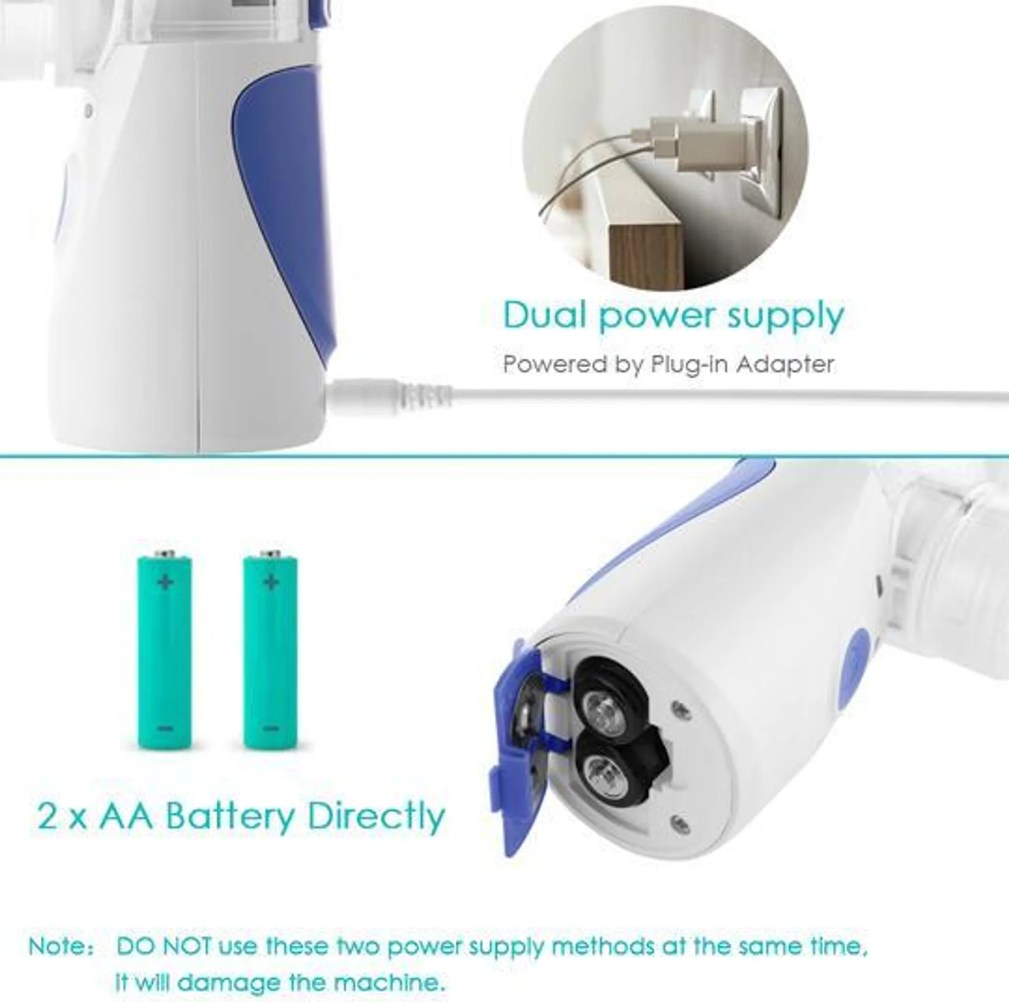 Das Gerät zeigt zwei Stromversorgungen: Netzadapter und zwei AA-Batterien.