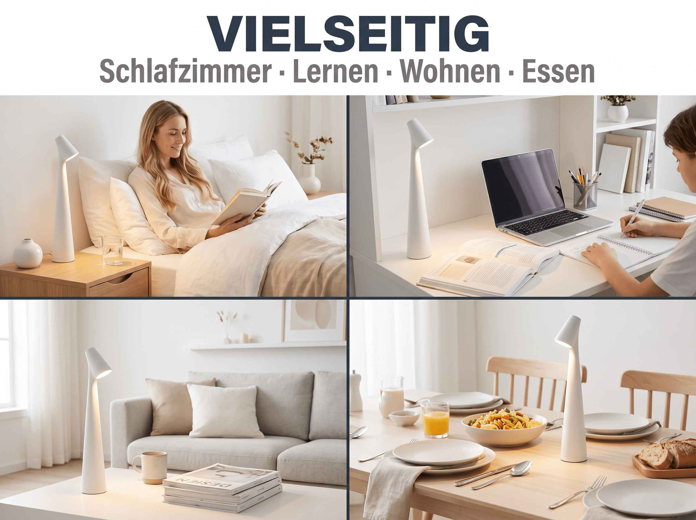 Vier Bilder zeigen eine weiße Tischlampe im Schlafzimmer, Büro, Wohnzimmer und Esszimmer.
