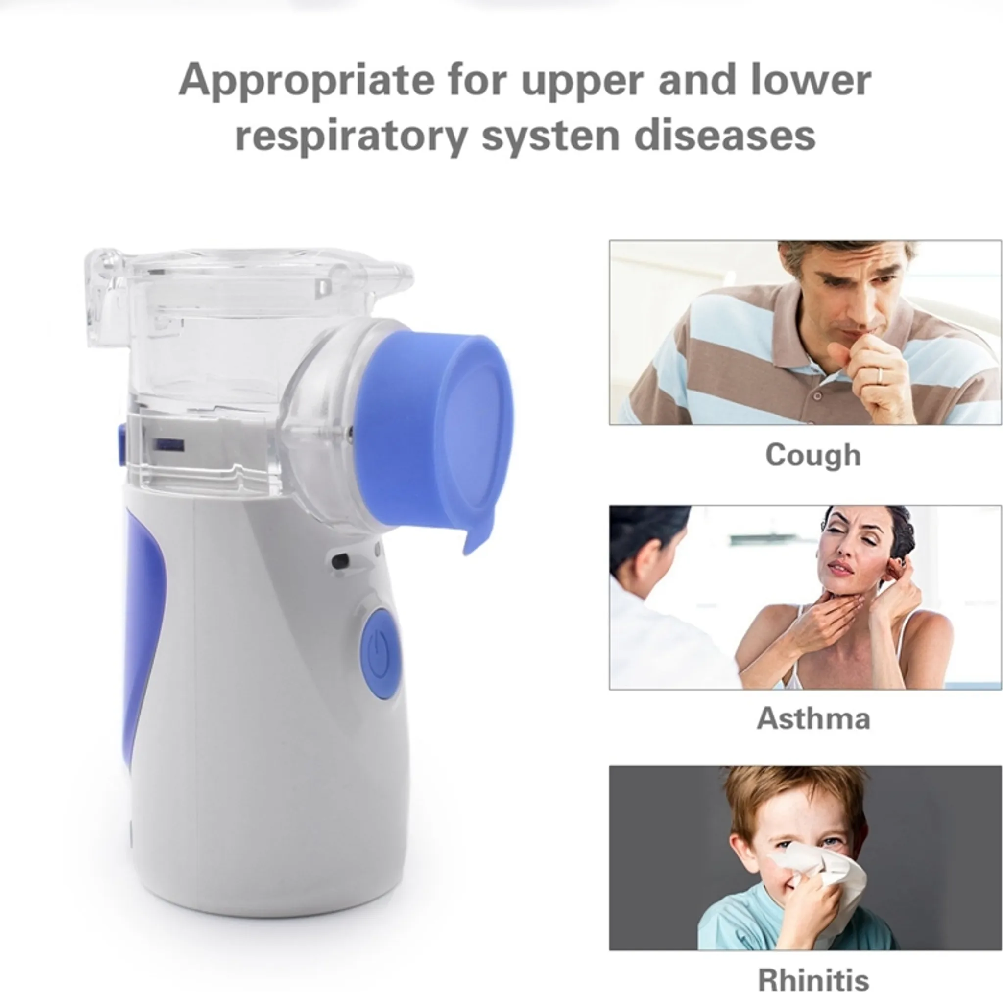 Ein tragbarer Vernebler für Atemwegserkrankungen mit Beispielen für Husten, Asthma und Rhinitis.