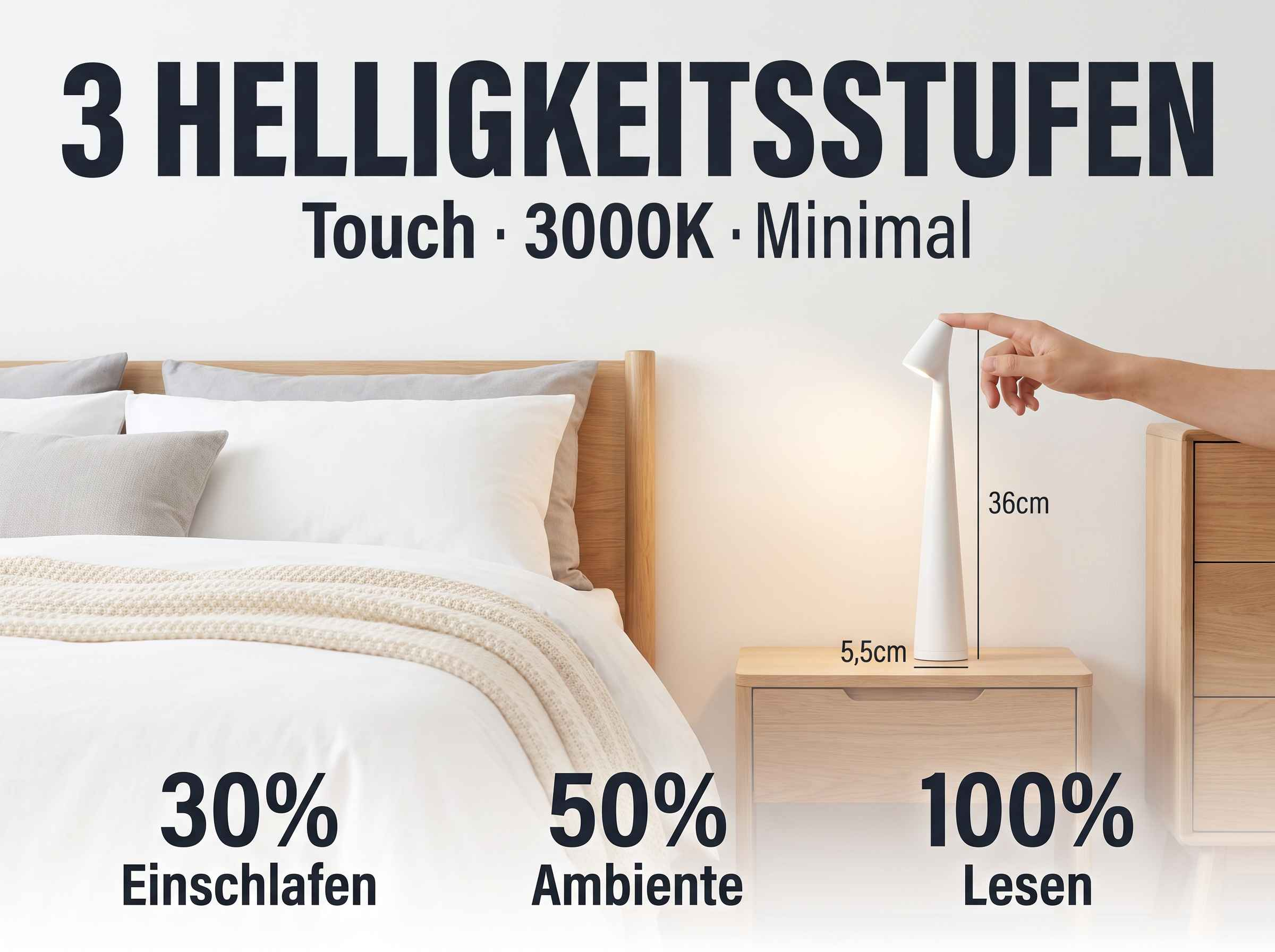 Eine Hand berührt eine weiße Touch-Lampe auf einem Nachttisch mit drei Helligkeitsstufen vor einem Bett.