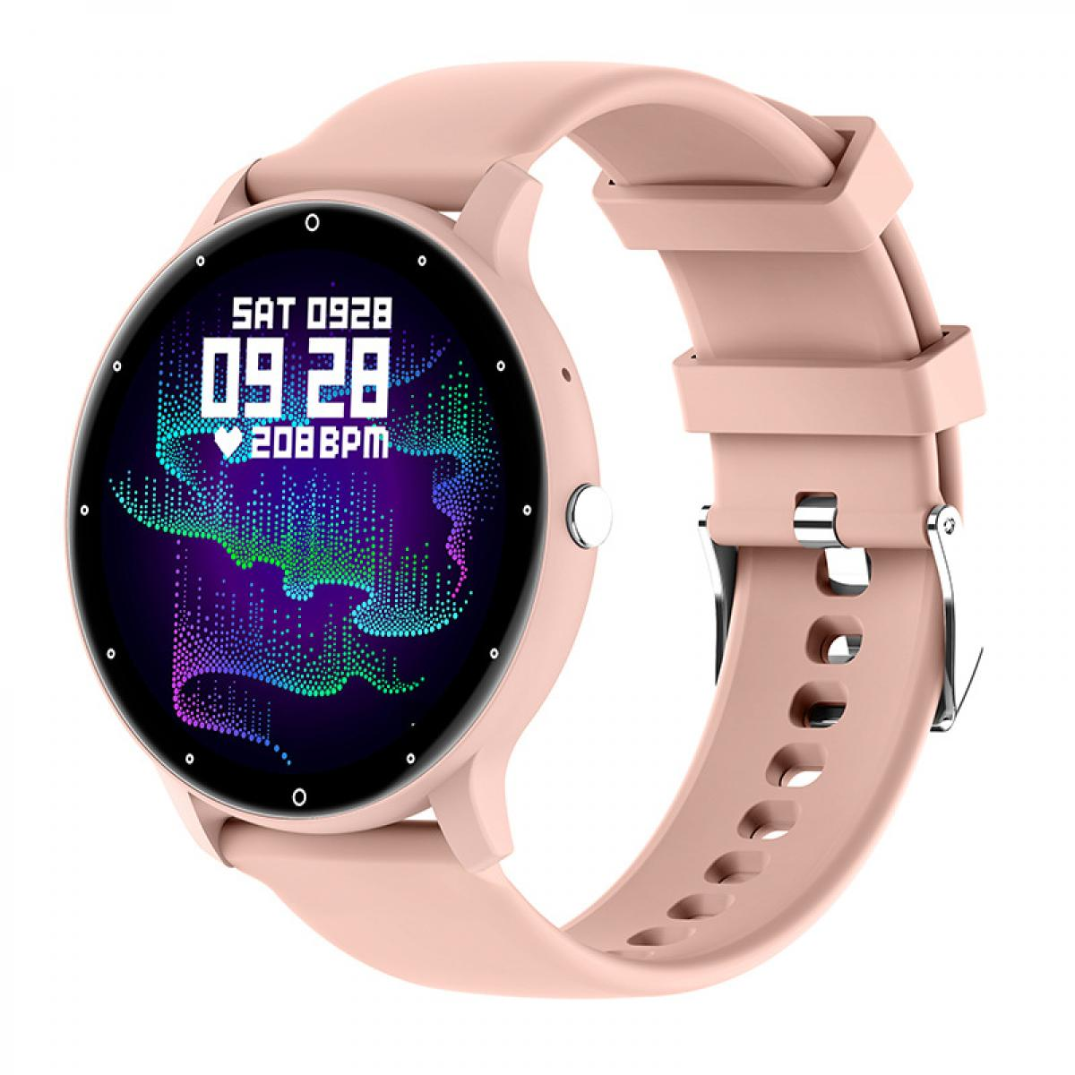 Eine rosafarbene Smartwatch mit rundem Display, das Uhrzeit und Herzfrequenz anzeigt, vor weißem Hintergrund.