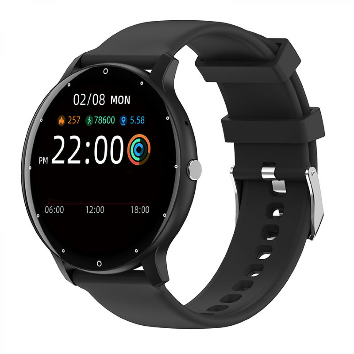 Eine schwarze Smartwatch mit rundem Display zeigt Uhrzeit, Datum und Fitnessdaten vor weißem Hintergrund.