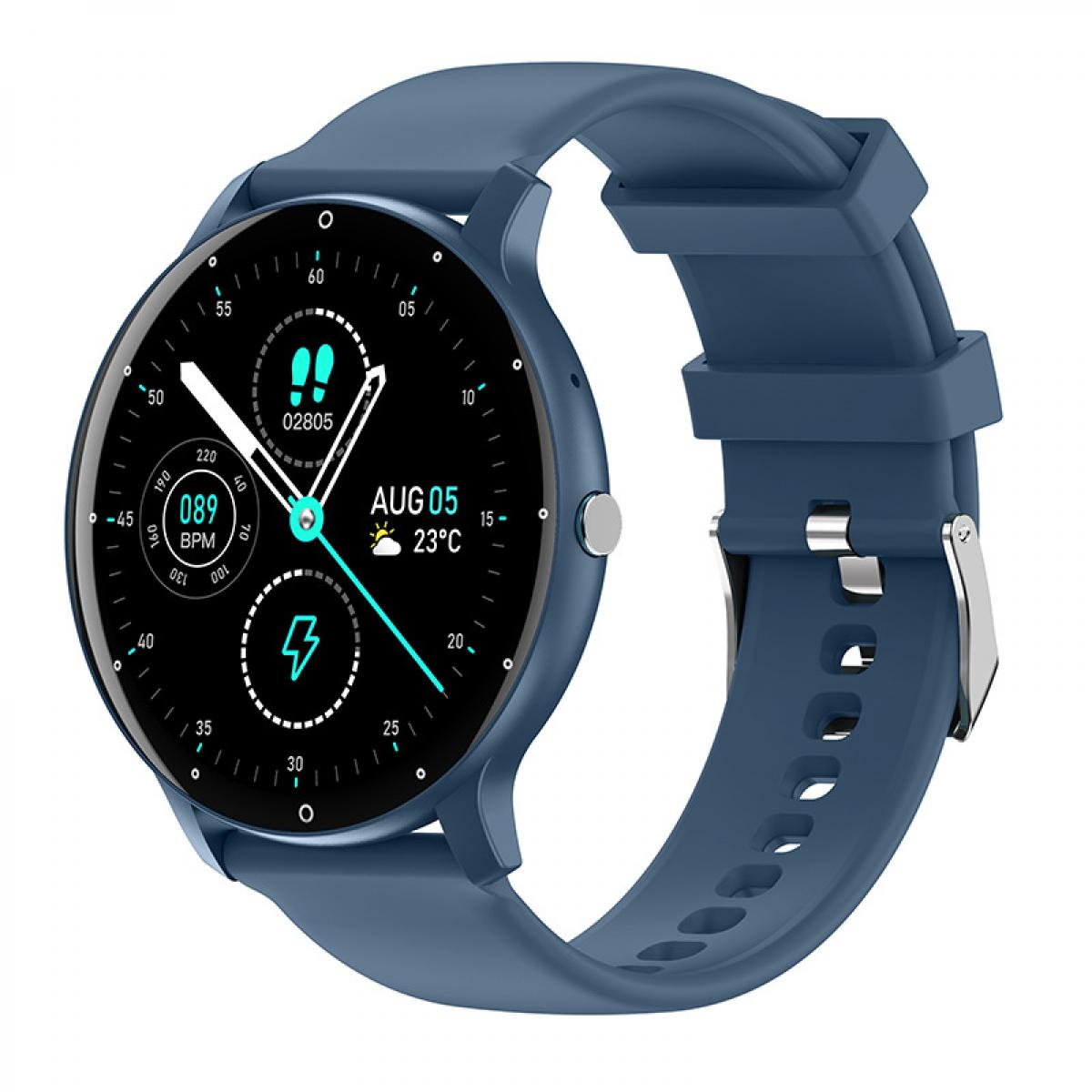 Blaue Smartwatch mit rundem Display, Schrittzähler, Herzfrequenz und Wetteranzeige vor weißem Hintergrund.