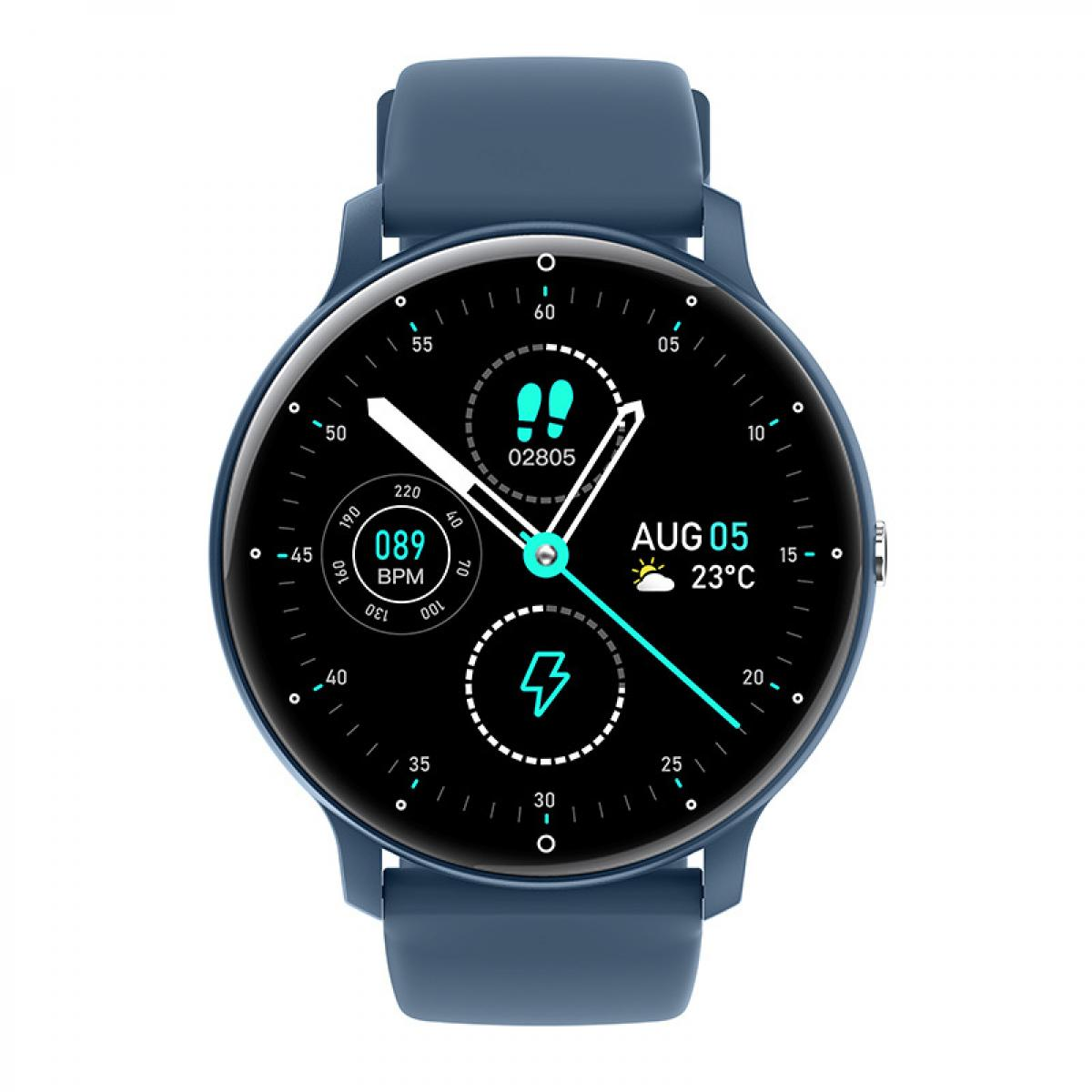 Blaue Smartwatch mit schwarzem Zifferblatt, Herzfrequenzmesser, Schrittzähler, Datum, Wetter und Akkustatus.