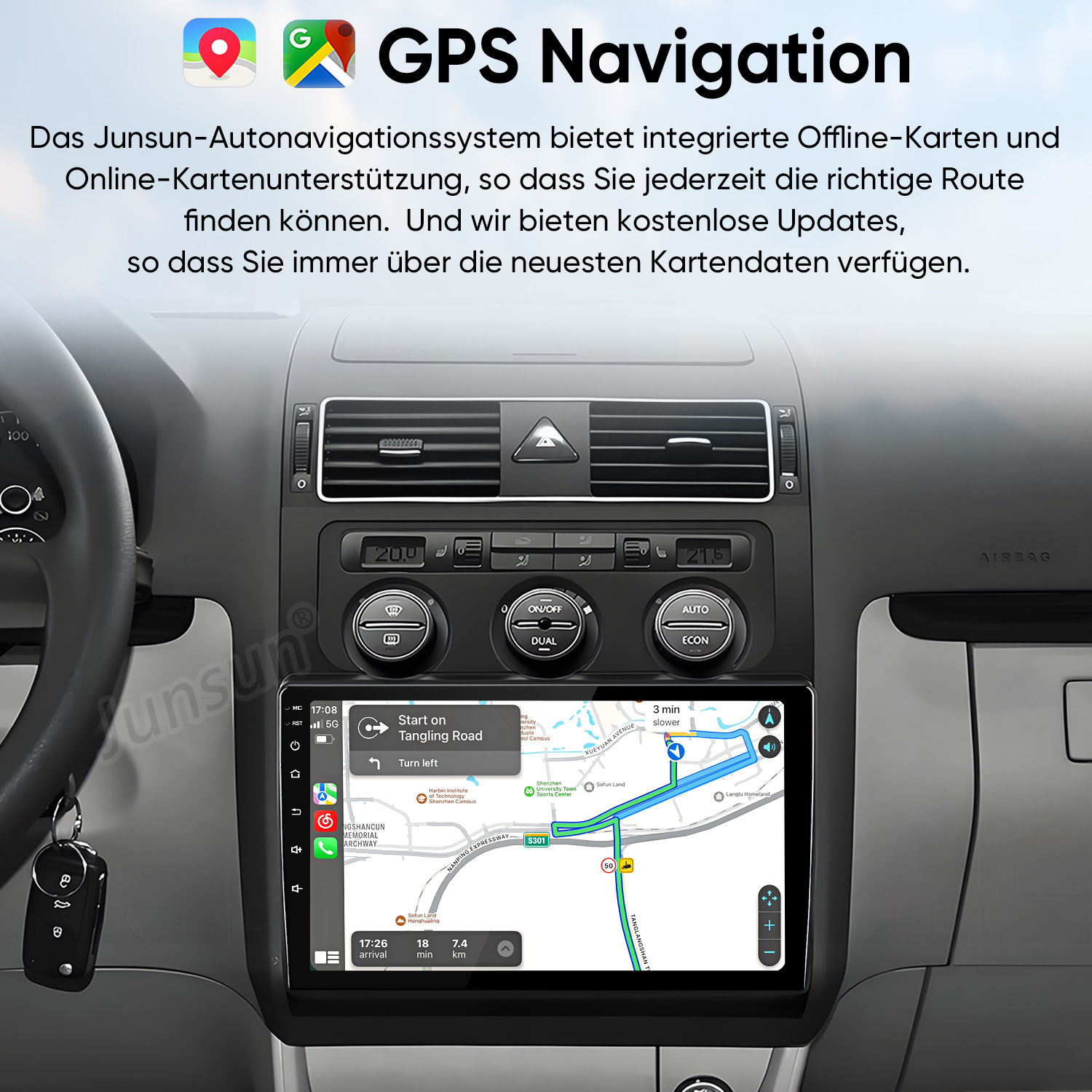 Armaturenbrett eines Autos mit einem großen Navigationsbildschirm und deutscher Textwerbung.