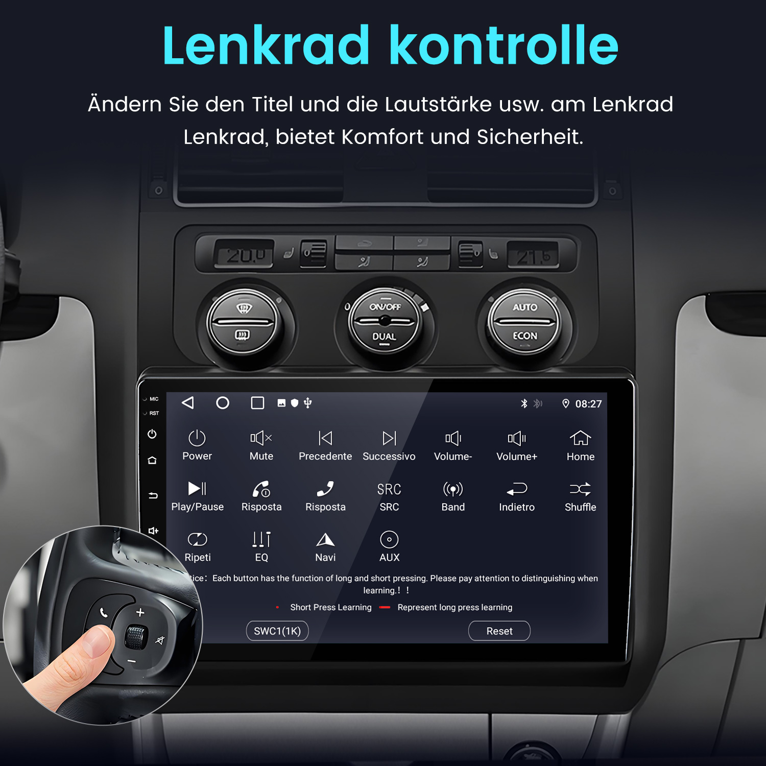 Ein Car-Display zeigt Lenkrad-Steuerungsoptionen, mit einem Inset, das einen Finger auf Lenkradtasten zeigt.