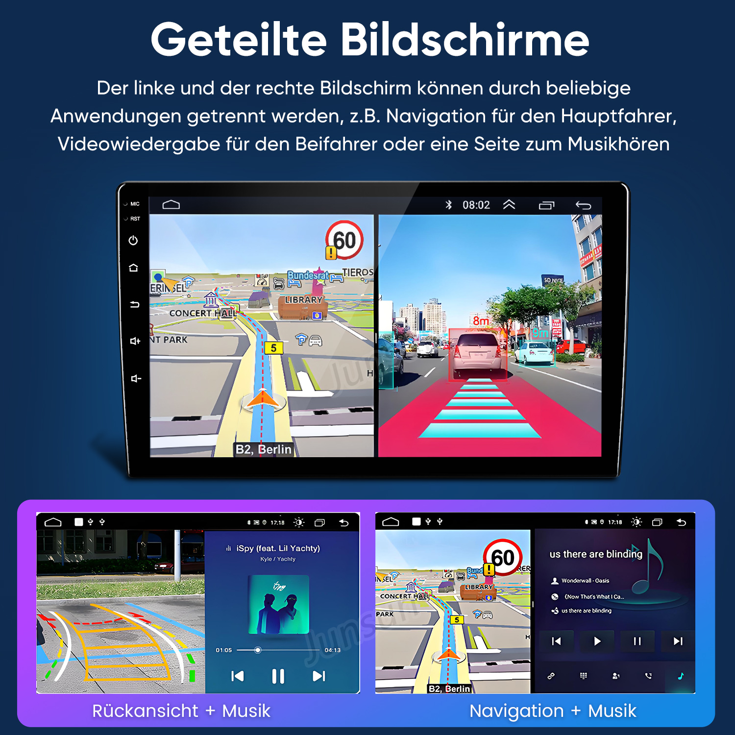 Ein Car-Display zeigt geteilte Bildschirme für Navigation, Kamera und Musik.