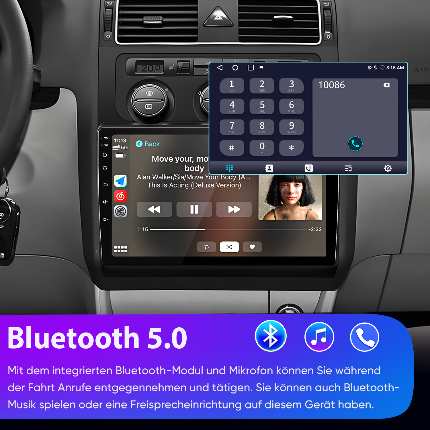 Ein Auto-Armaturenbrett mit einem digitalen Infotainment-Bildschirm für Musikwiedergabe und Bluetooth-Anrufe.