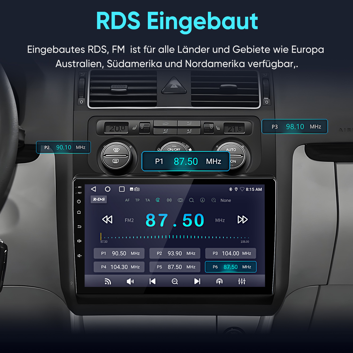 Ein Car-Audio-System im Armaturenbrett zeigt den Radiosender 87,50 MHz und verschiedene Steuerungsoptionen an.