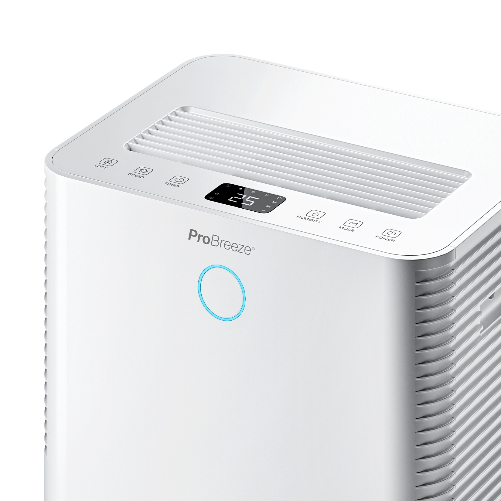 Ein weißer Pro Breeze Luftentfeuchter mit Touch-Steuerung, Digitaldisplay und blau leuchtendem Ring.