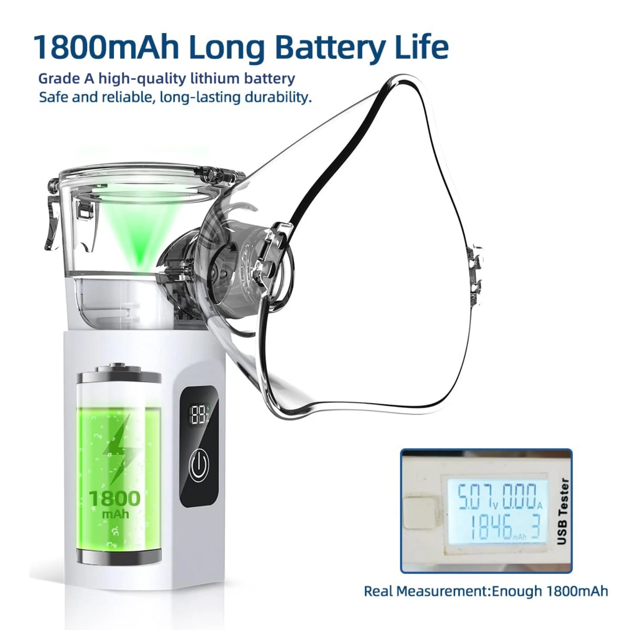 Ein tragbarer Inhalator mit Maske und einer Grafik einer grünen 1800mAh-Batterie.