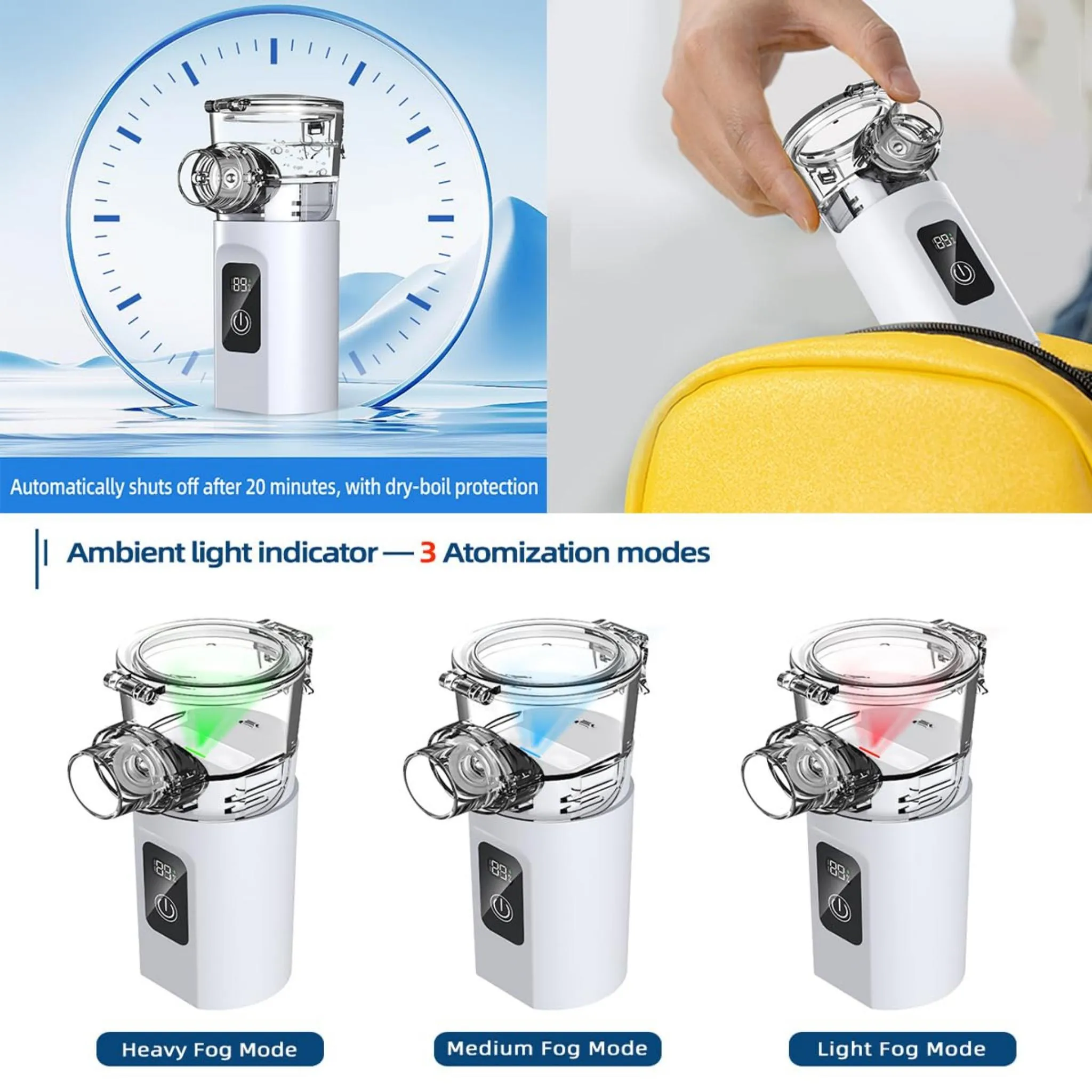 Ein weißer tragbarer Inhalator mit drei Beleuchtungsmodi, der in eine gelbe Tasche gesteckt wird.
