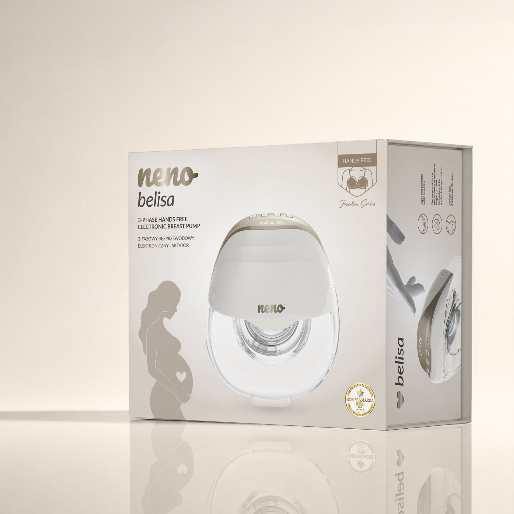 Produktverpackung der Neno Belisa 3-Phasen-Elektronik-Milchpumpe auf hellem Hintergrund.