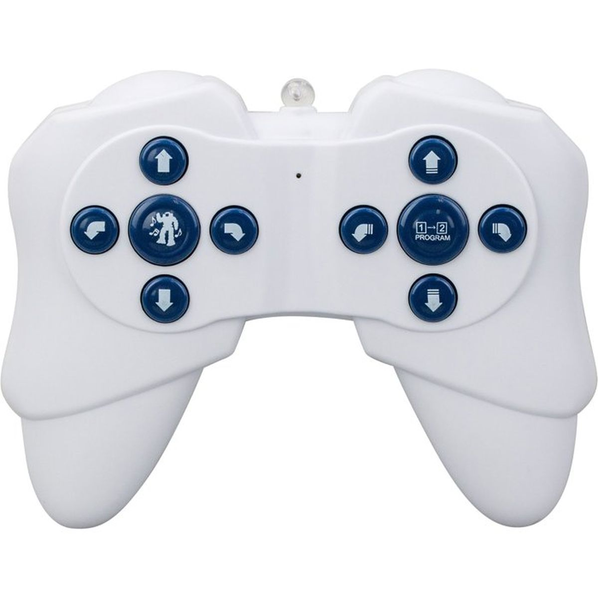 Ein weißer Fernsteuerungs-Gamecontroller mit blauen Tasten und Symbolen auf weißem Hintergrund.