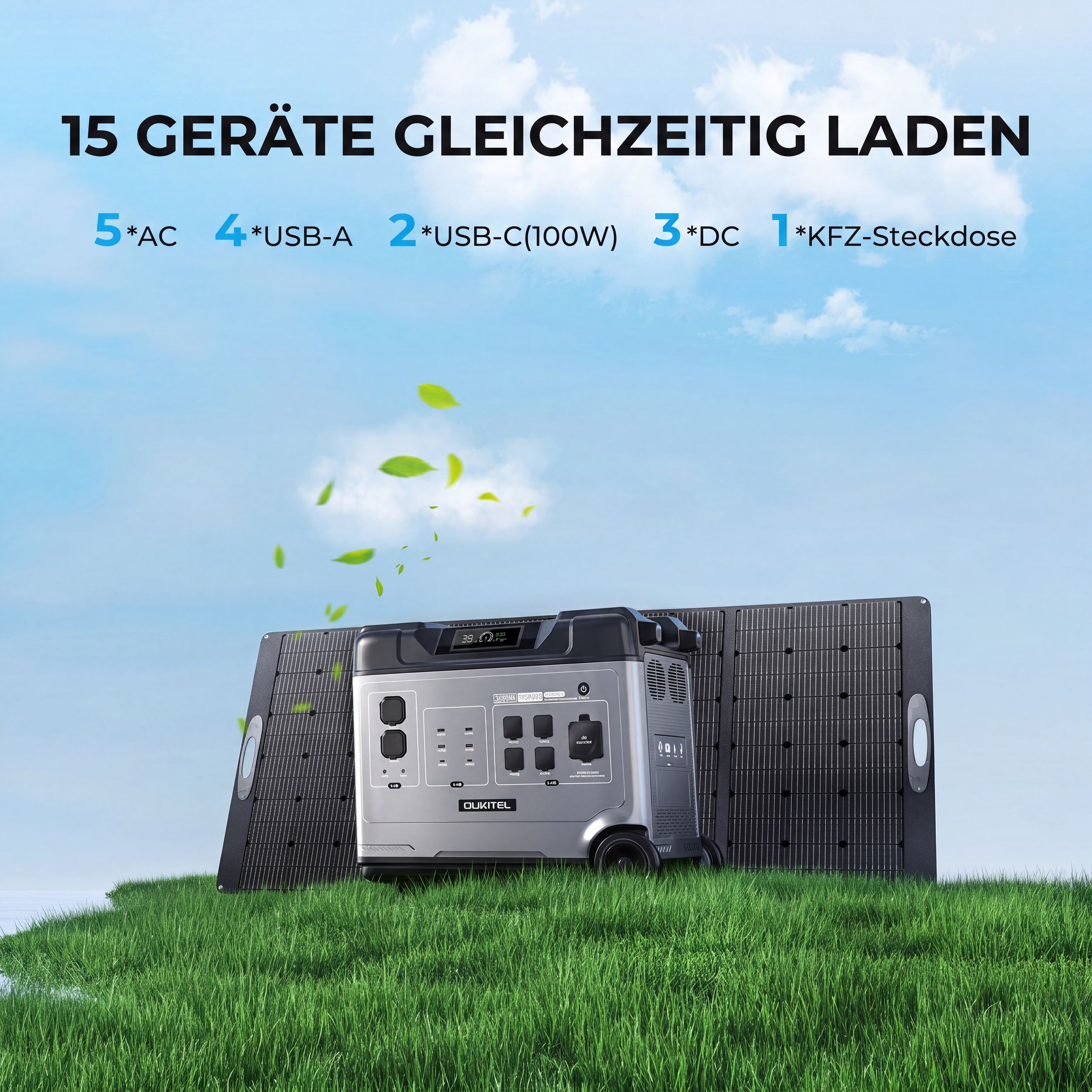 Eine Oukitel Powerstation auf Gras mit Solarpanel im Hintergrund und blauem Himmel.