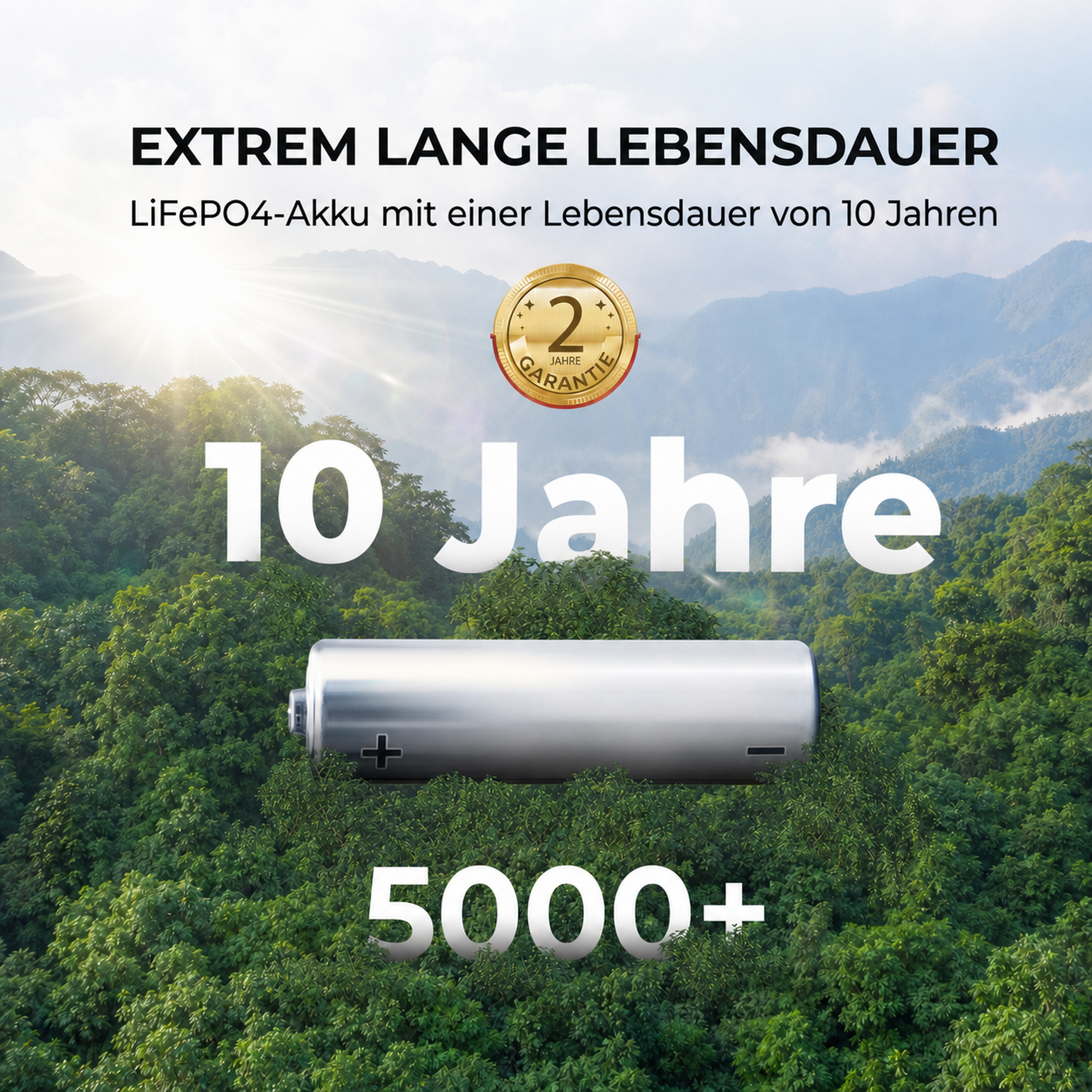 Eine LiFePO4-Batterie liegt im Wald mit Bergen im Hintergrund, Text bewirbt 10 Jahre Lebensdauer.