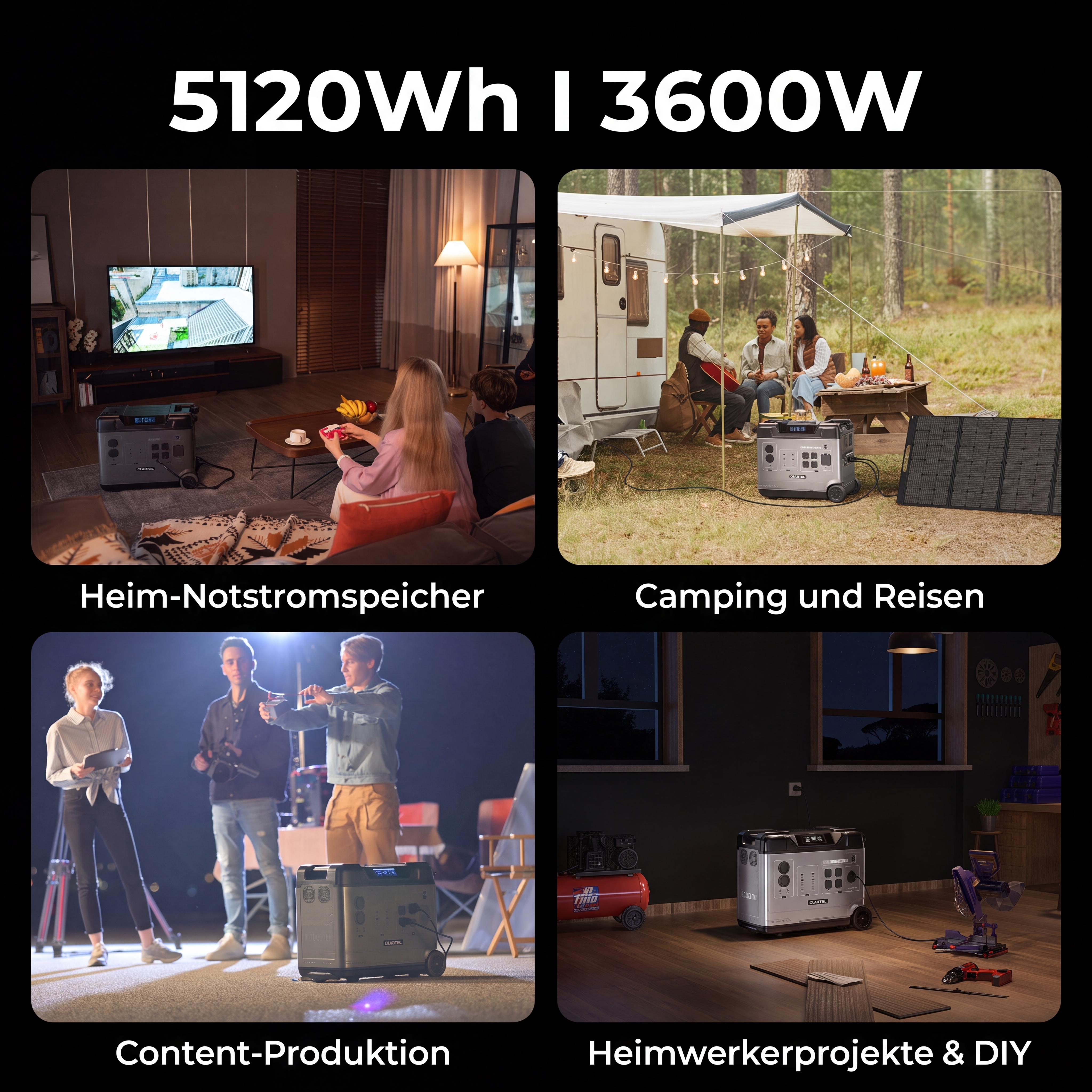 Vier Bilder zeigen den mobilen Stromspeicher bei Heim-Notstrom, Camping, Content-Produktion und DIY-Projekten.