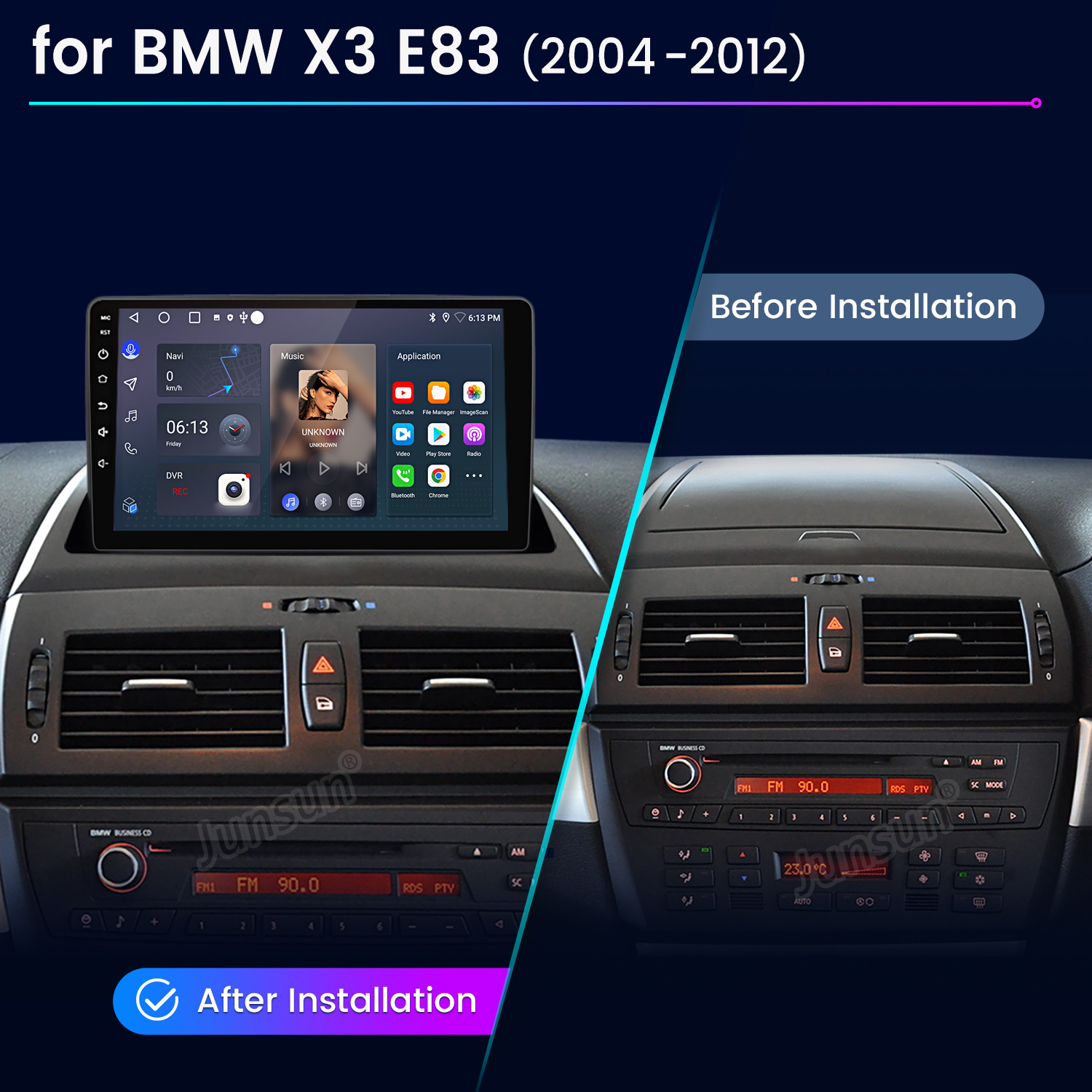 Vergleich der BMW X3 E83 Konsole vor und nach dem Einbau eines Touchscreen-Autoradios.
