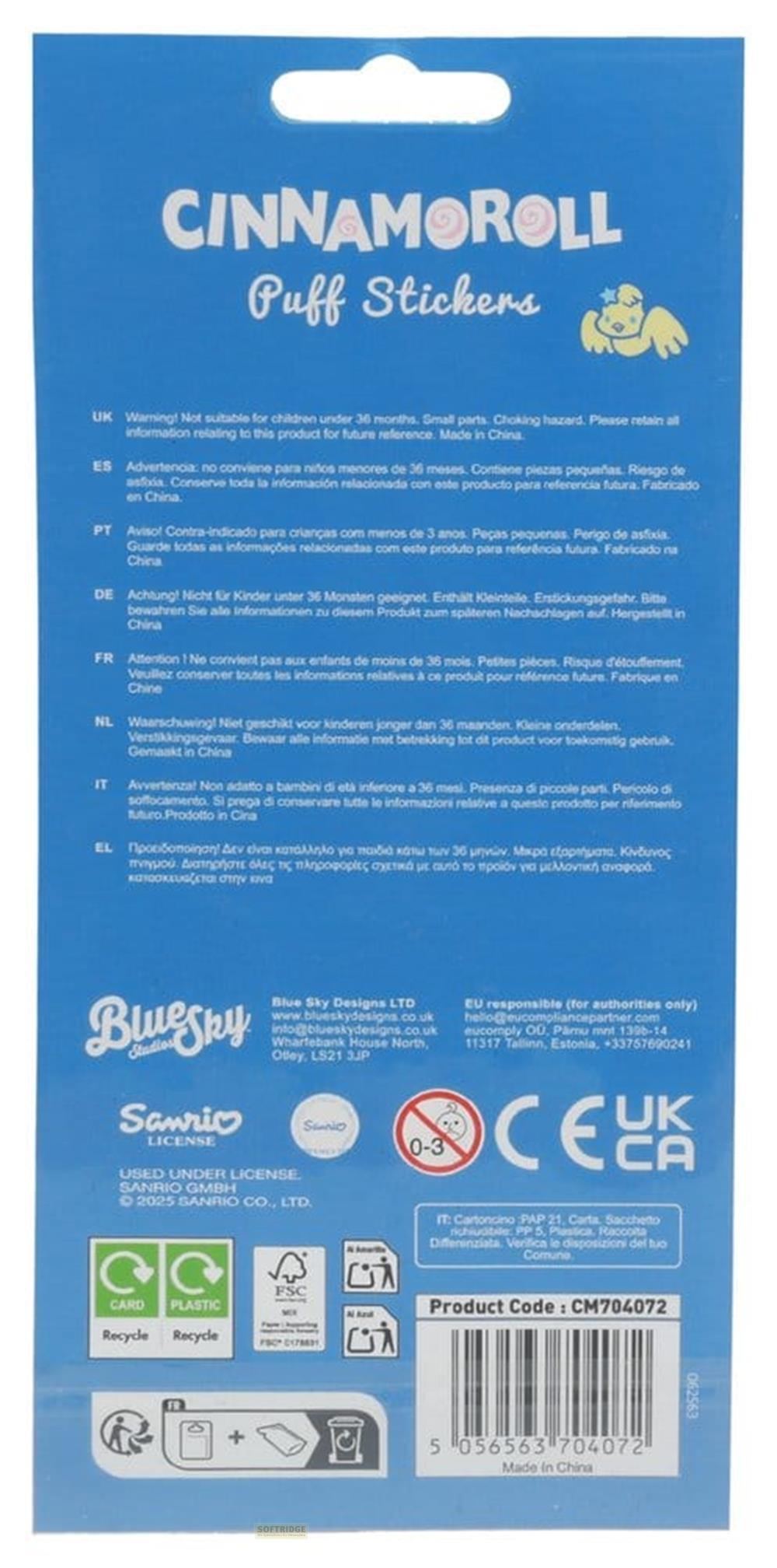 Blaue Cinnamoroll Puff Stickers Verpackungsrückseite mit Warnhinweisen und Herstellerinformationen.