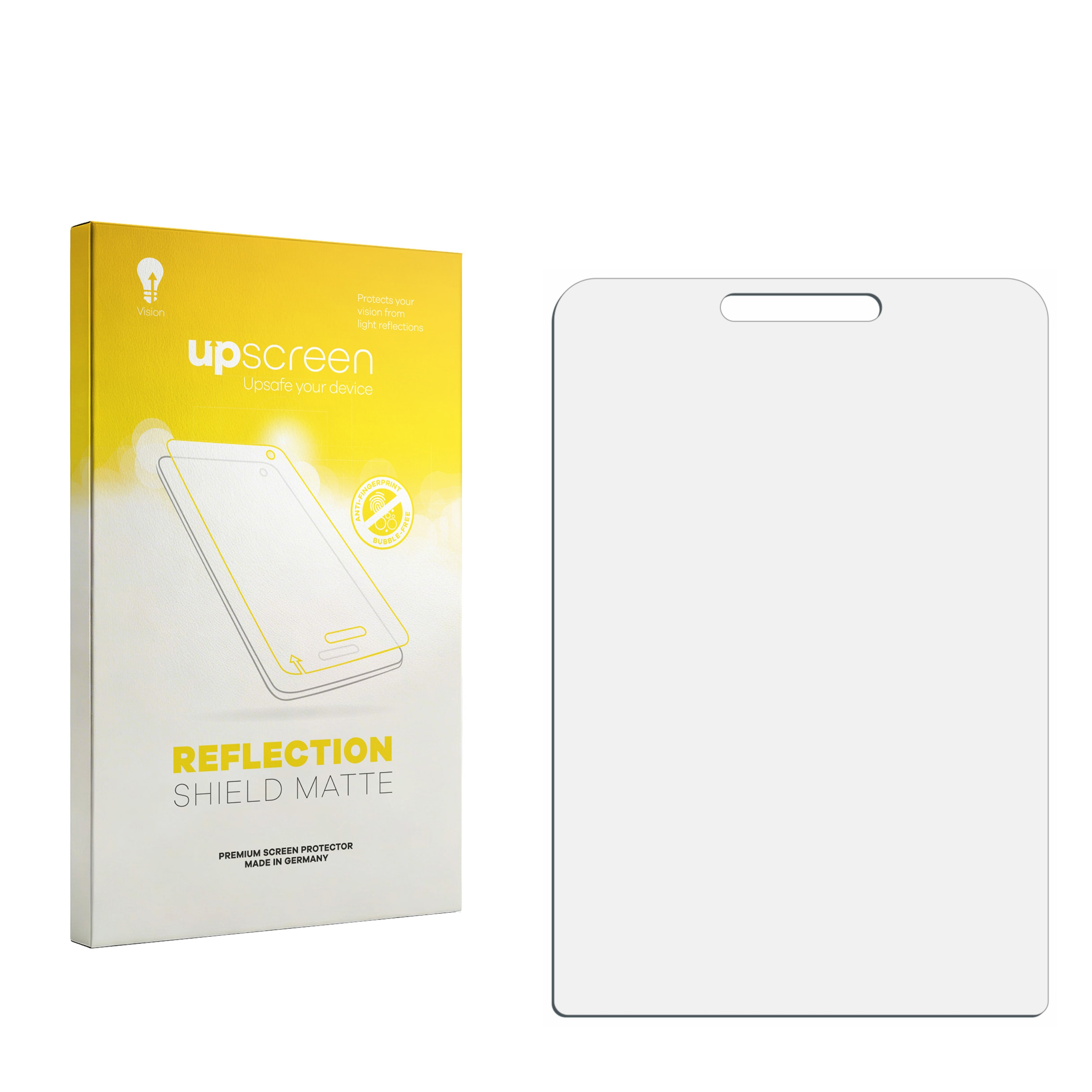 Upscreen Reflection Shield Matte Displayschutzverpackung neben einer klaren Schutzfolie mit oberer Aussparung.