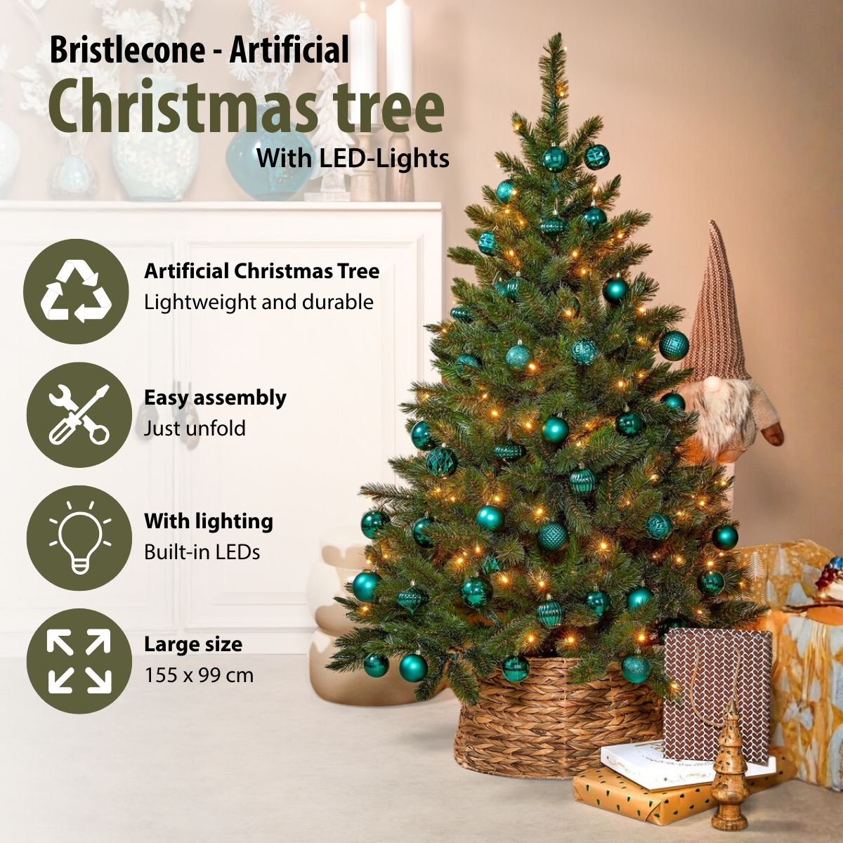 An artificial Christmas tree in a basket with LED lights, decorated with teal baubles, and text on the left.