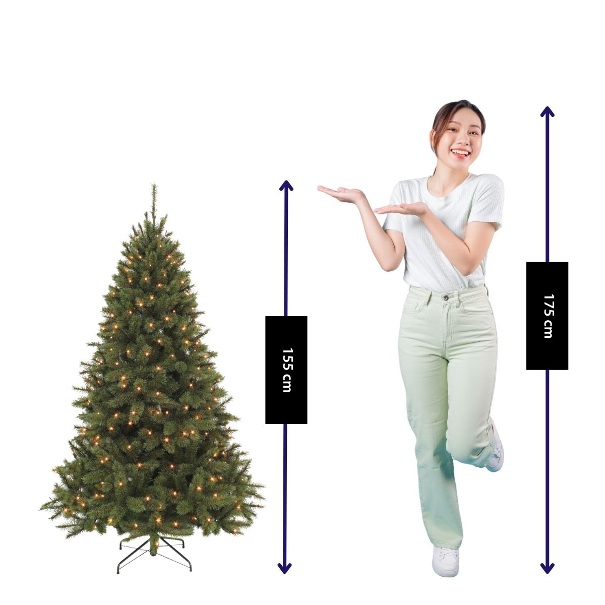 A smiling woman in light green jeans stands next to a lit Christmas tree with height indicators of 155 cm and 175 cm.