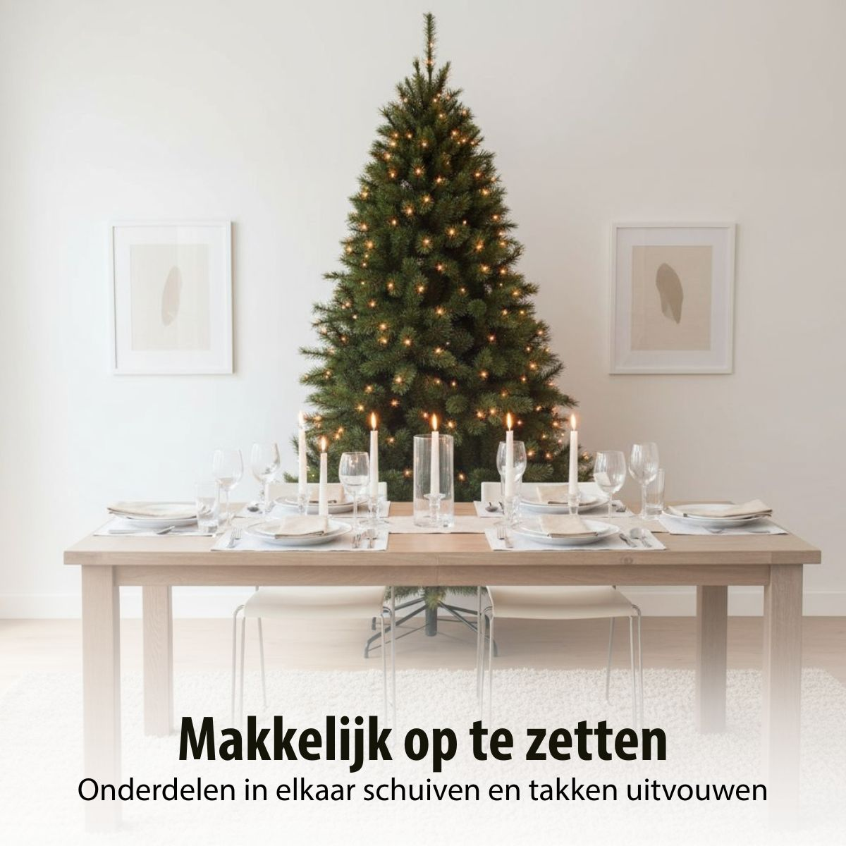 Festively set dining table in front of a decorated Christmas tree with string lights.