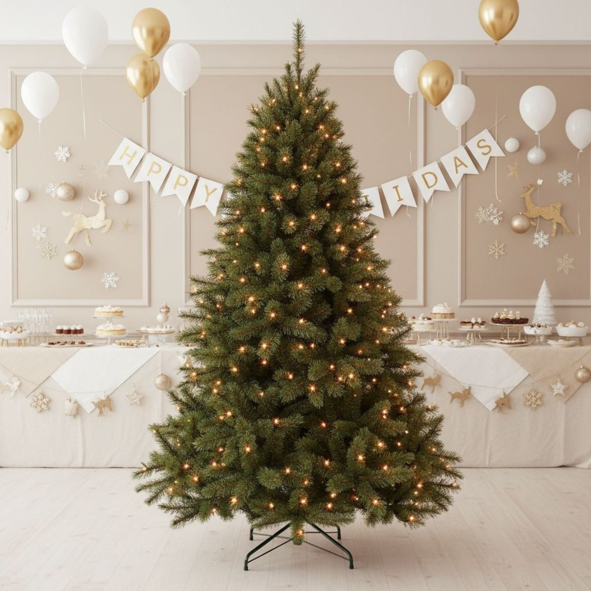 A lit Christmas tree stands centrally in a festive room with balloons, banners, and a dessert table in the background.