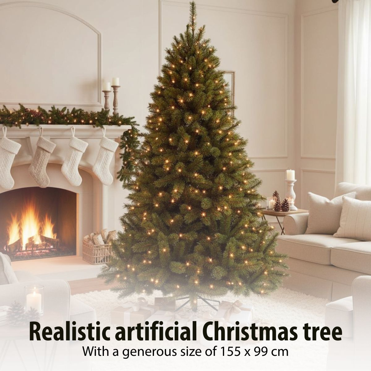 A lit Christmas tree stands in a cozy living room with a fireplace and sofa.