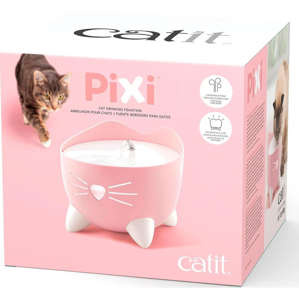 Rosa Catit Pixi Katzentränke in Form einer Katzenkopfbox mit Katzenbildern.