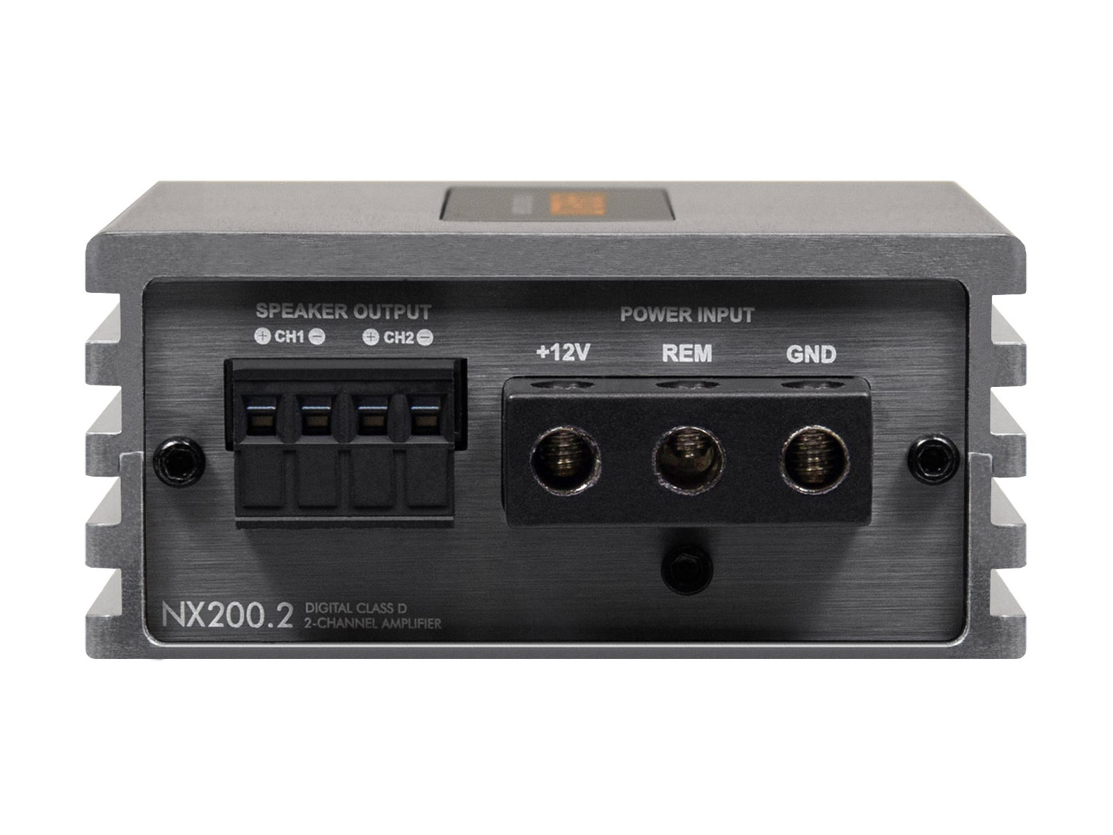 Rückseite des grauen NX200.2 Auto-Audioverstärkers mit Lautsprecher- und Stromklemmen.