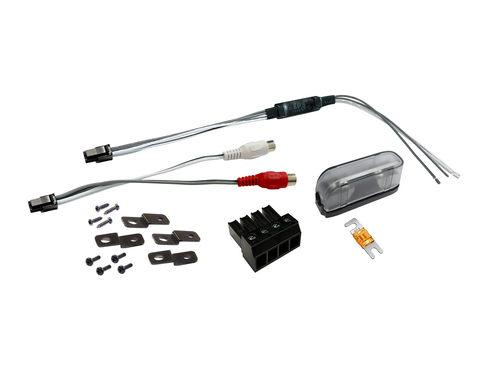 Elektronische Bauteile wie Kabel mit Cinch-Anschlüssen, kleine Metallwinkel, Schrauben, Sicherung und ein Halter.