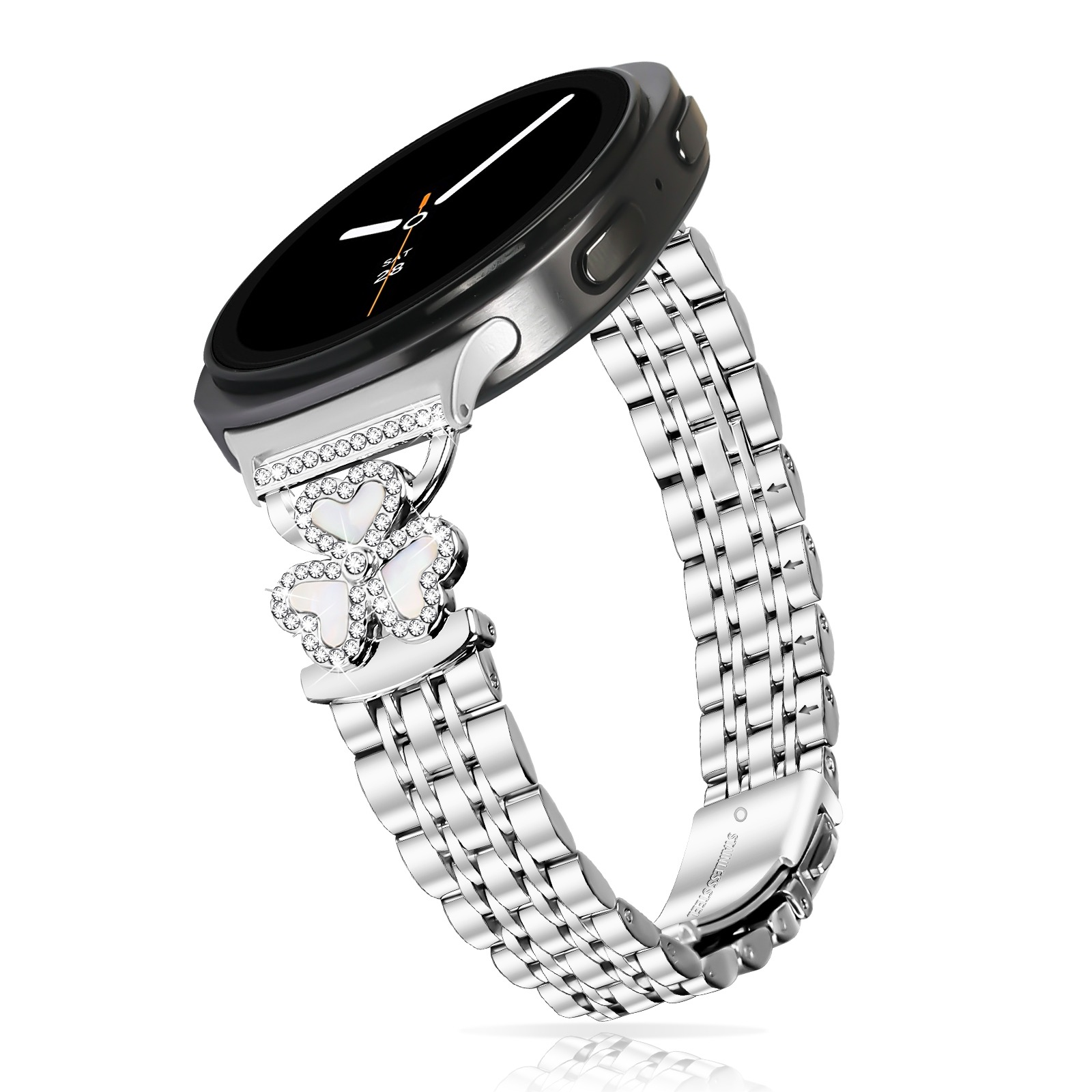 Silberne Smartwatch mit glitzerndem Kleeblatt-Armband auf weißem Grund.