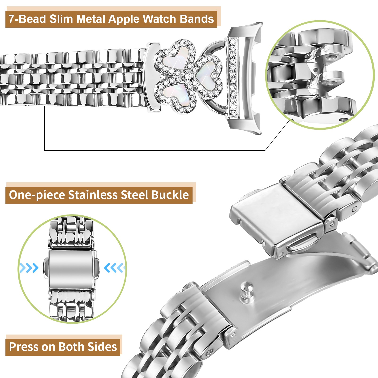 Silbernes Edelstahl-Uhrenarmband mit einer mit Strasssteinen besetzten Kleeblatt-Schnalle.