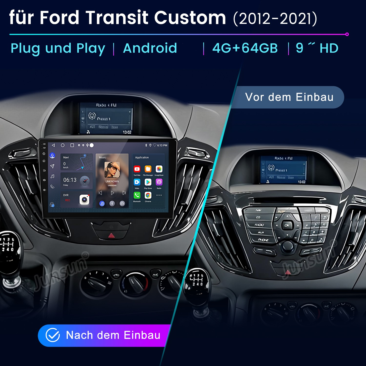 Vergleich eines Ford Transit Custom Armaturenbretts vor und nach dem Einbau eines Android-Autoradios.